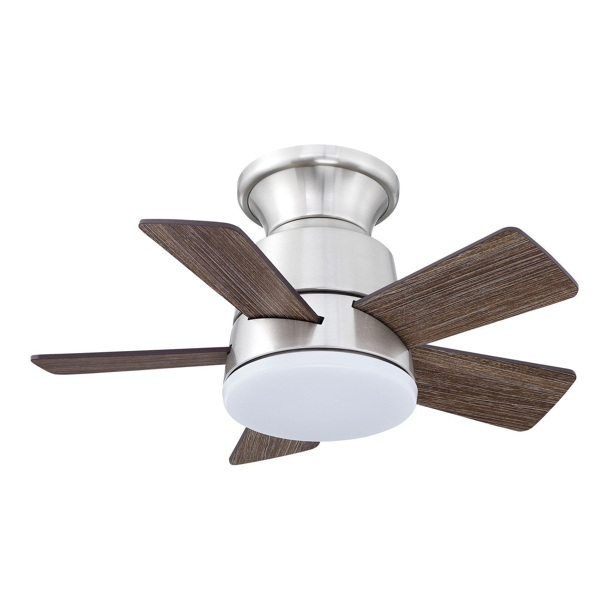 Brushed nickel flush-mount ceiling fan with 5 wood blades and frosted light dome