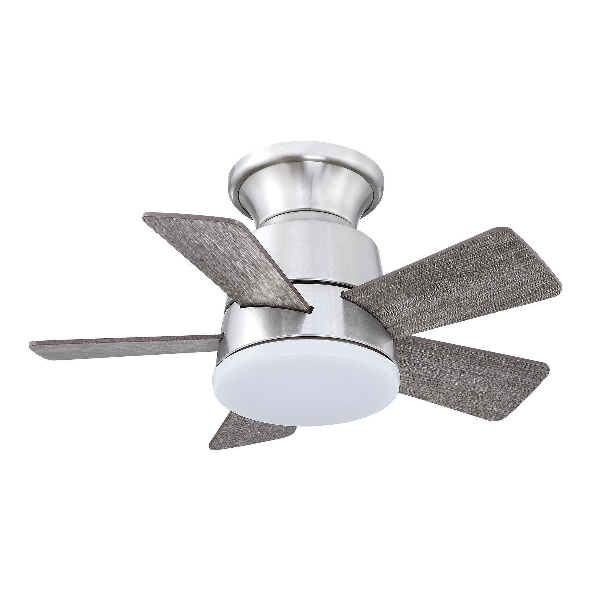 24-inch farmhouse flush mount ceiling fan with reversible gray wood-look blades and light