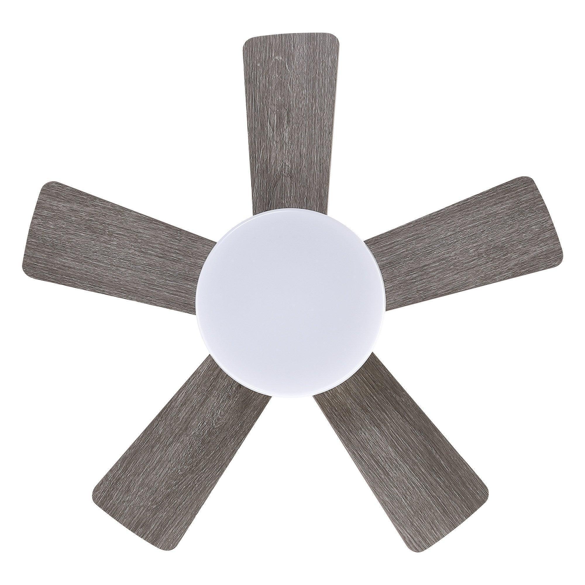 24-inch flush mount ceiling fan with five gray wood-look reversible blades and frosted light