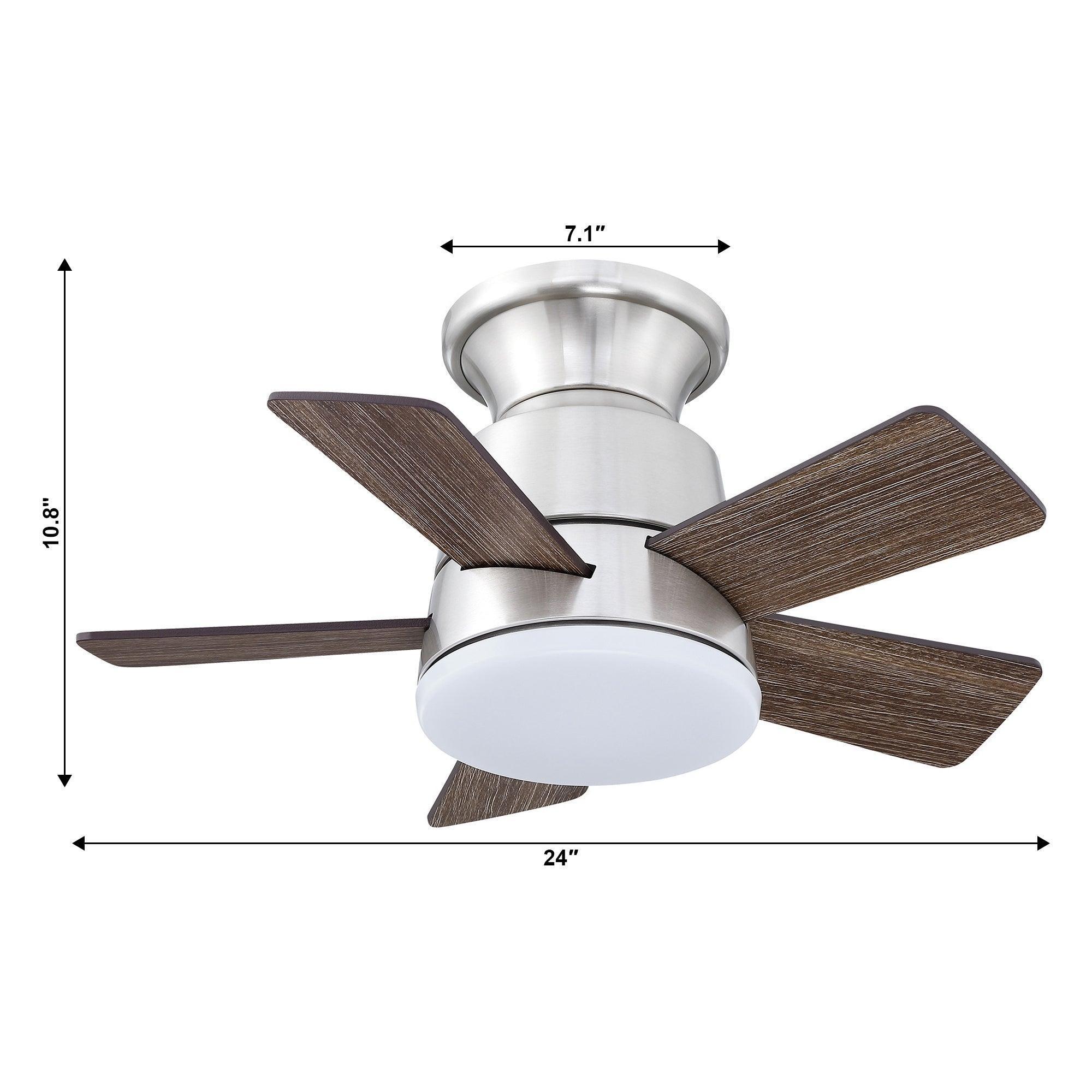 Brushed nickel flush mount ceiling fan with frosted light and four dark blades
