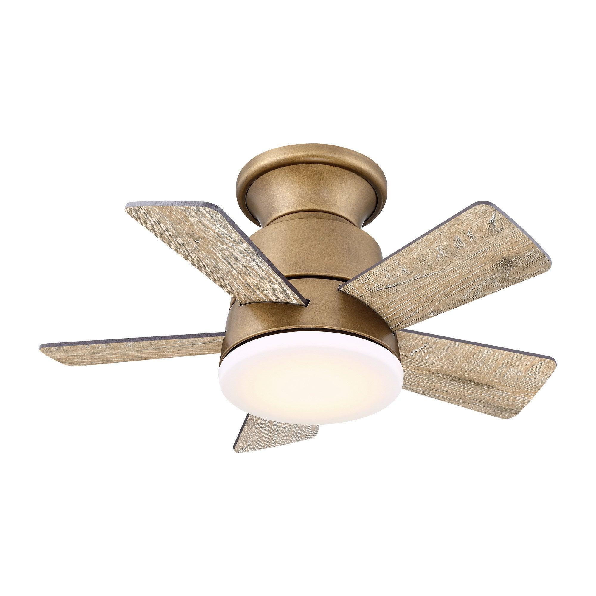 Oil-rubbed bronze farmhouse flush-mount ceiling fan with light wood blades and frosted light