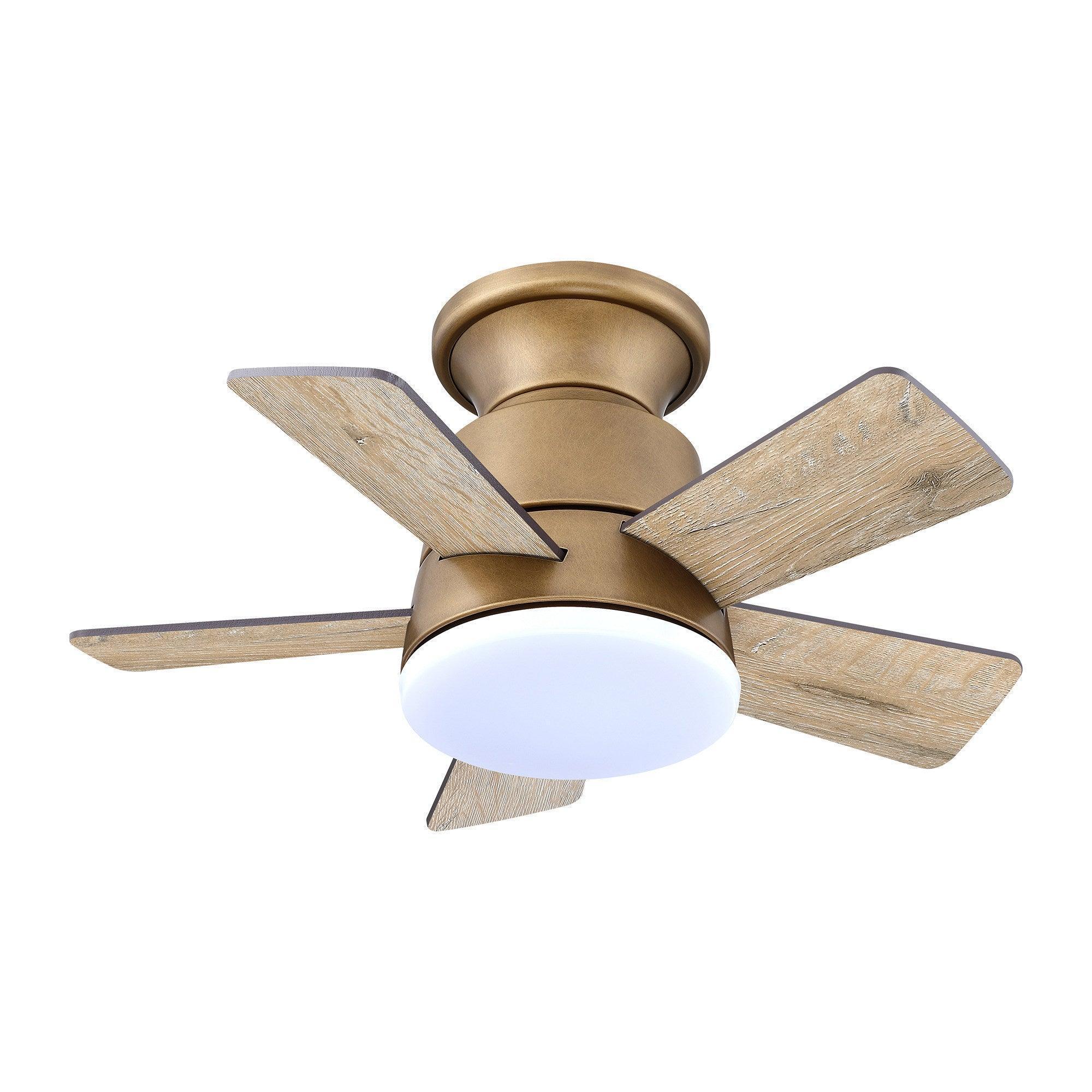 Farmhouse flush-mount ceiling fan in oil-rubbed bronze with wood blades and frosted light