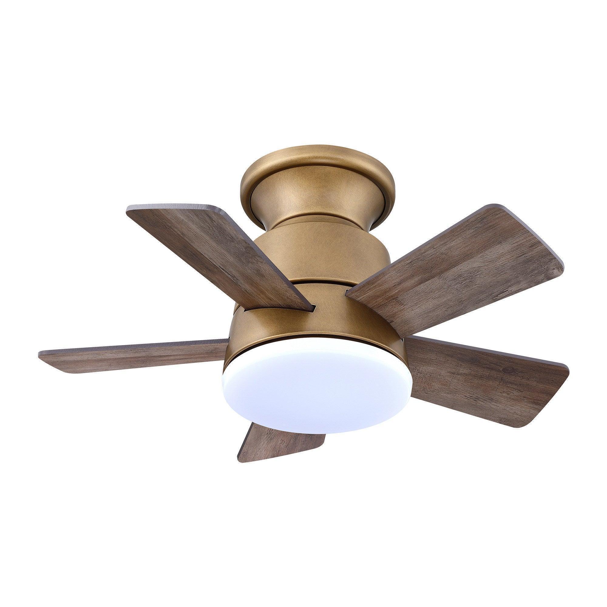 Oil-rubbed bronze flush mount ceiling fan with frosted light and four blades