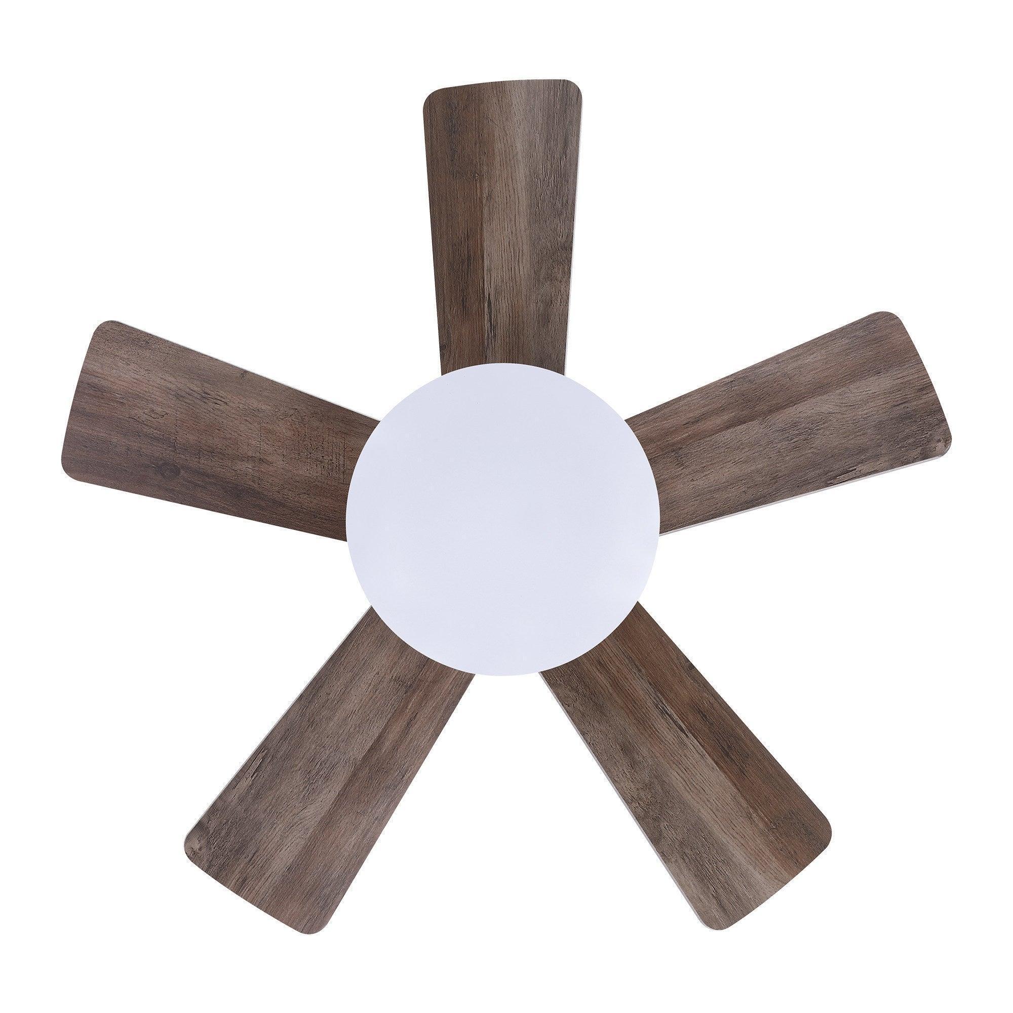 Farmhouse flush-mount ceiling fan with dark wood blades and a white frosted light globe