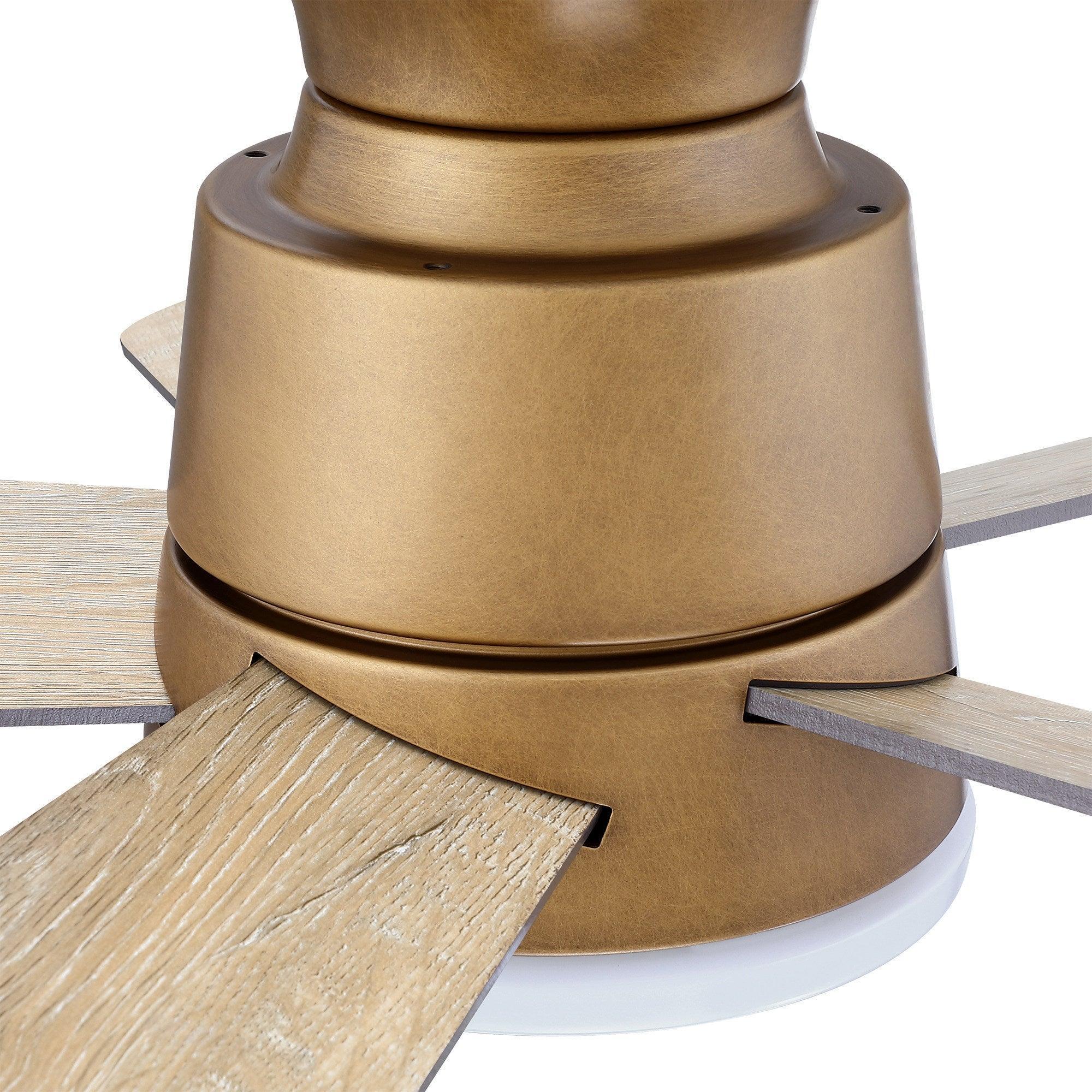 Bronze flush mount ceiling fan housing with three wood blades and frosted light