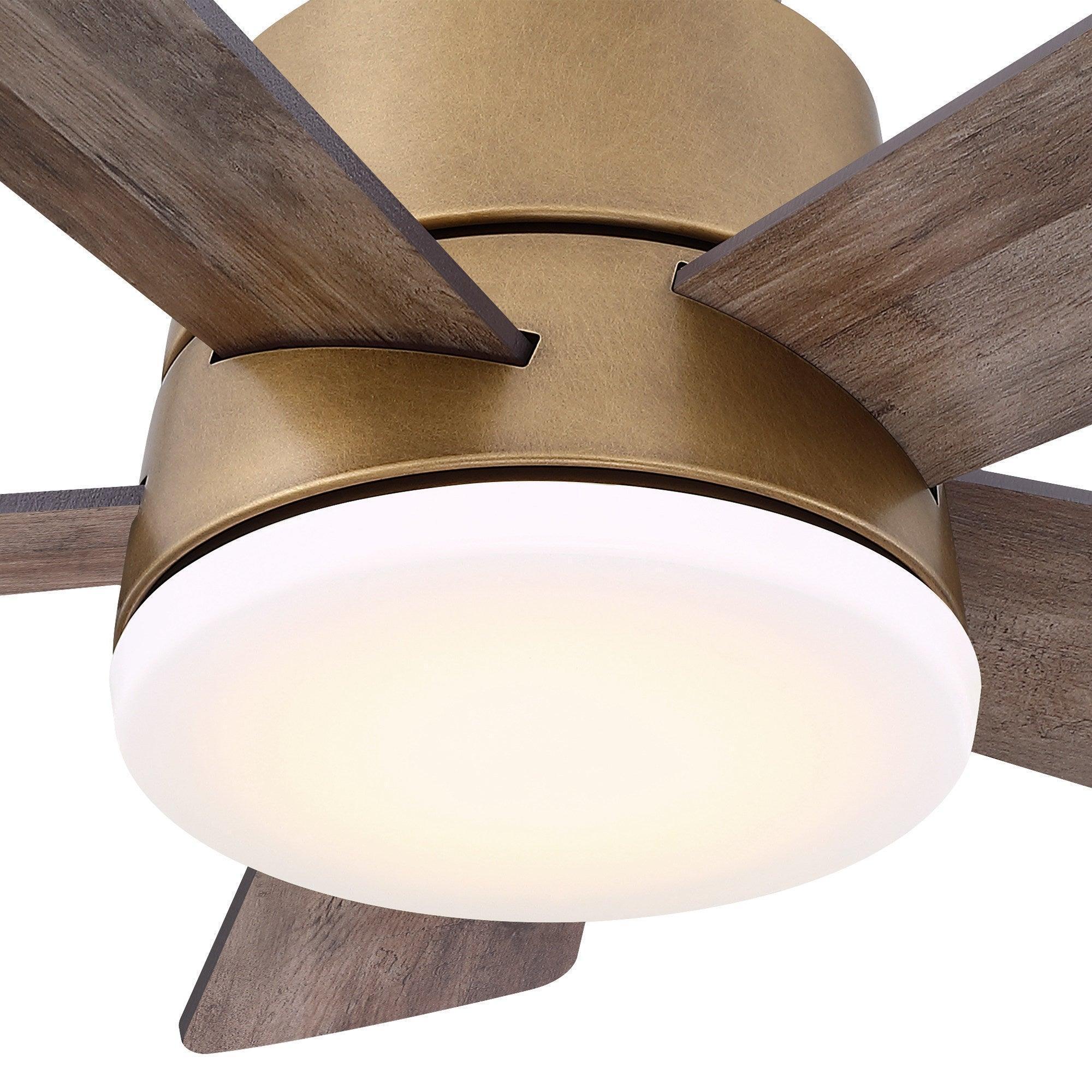 Bronze flush mount ceiling fan with frosted glass globe and three wood blades