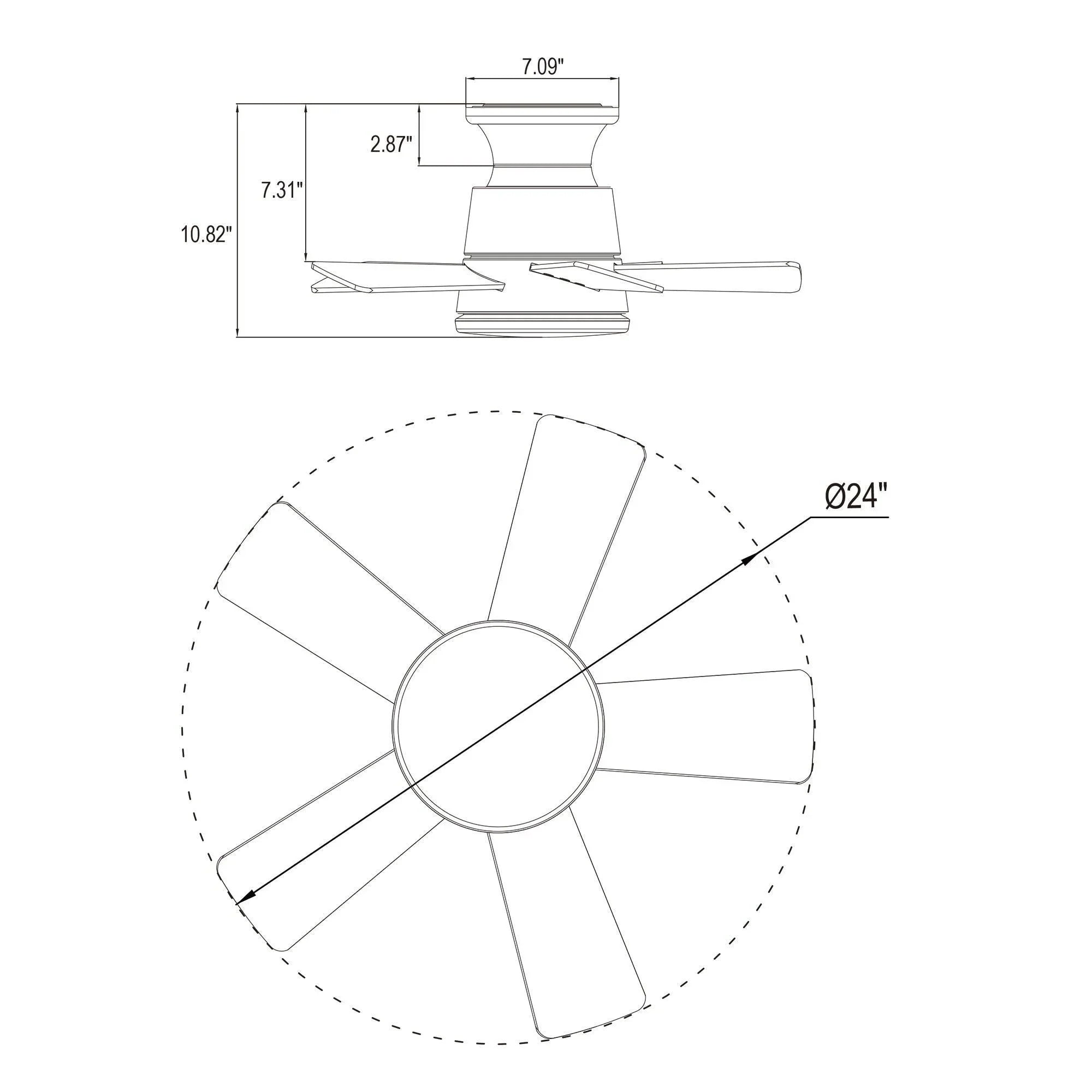 Ceiling fan dimensions diagram with 24-inch diameter and flush-mount height measurements