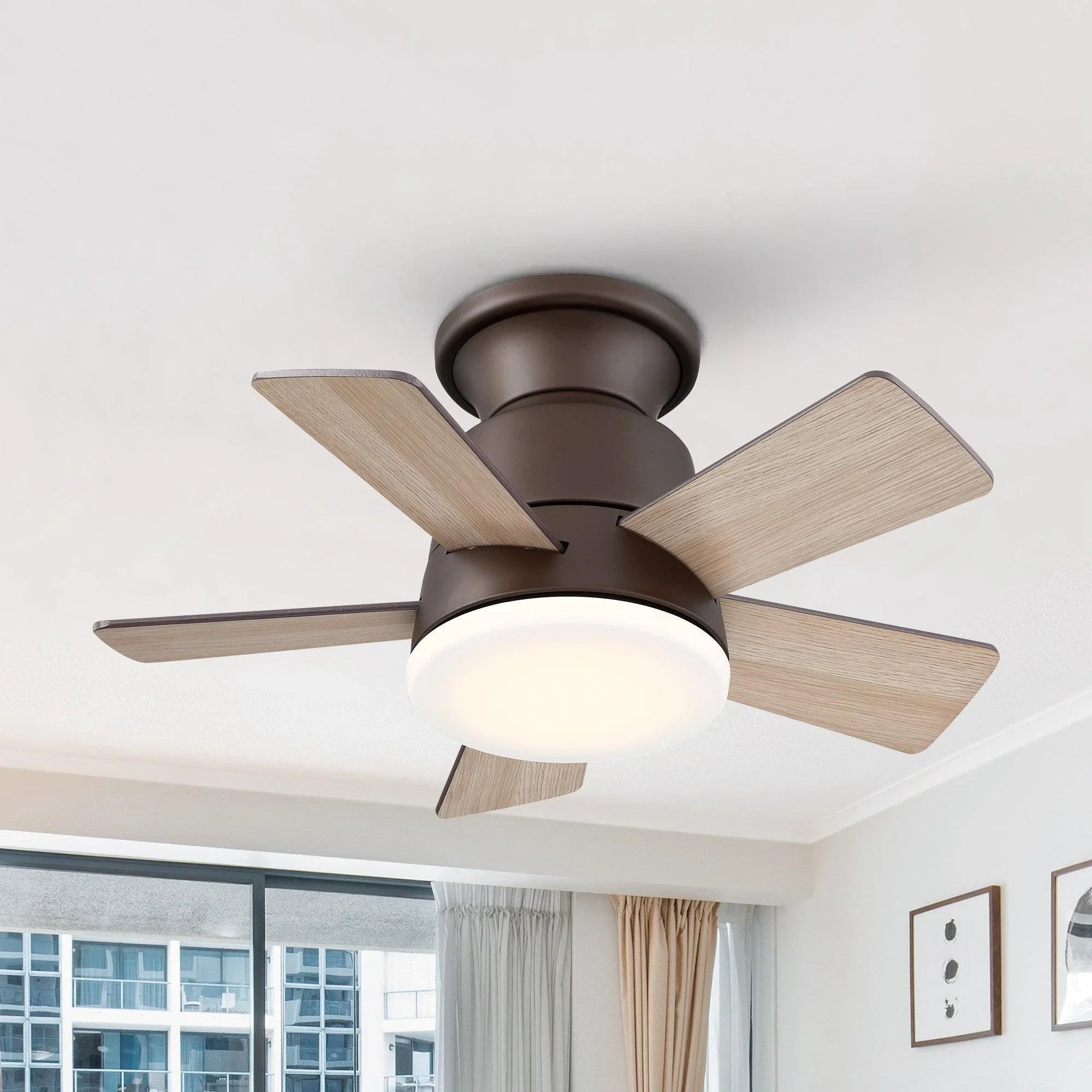 Oil-rubbed bronze flush-mount ceiling fan with 5 wood blades and frosted light dome