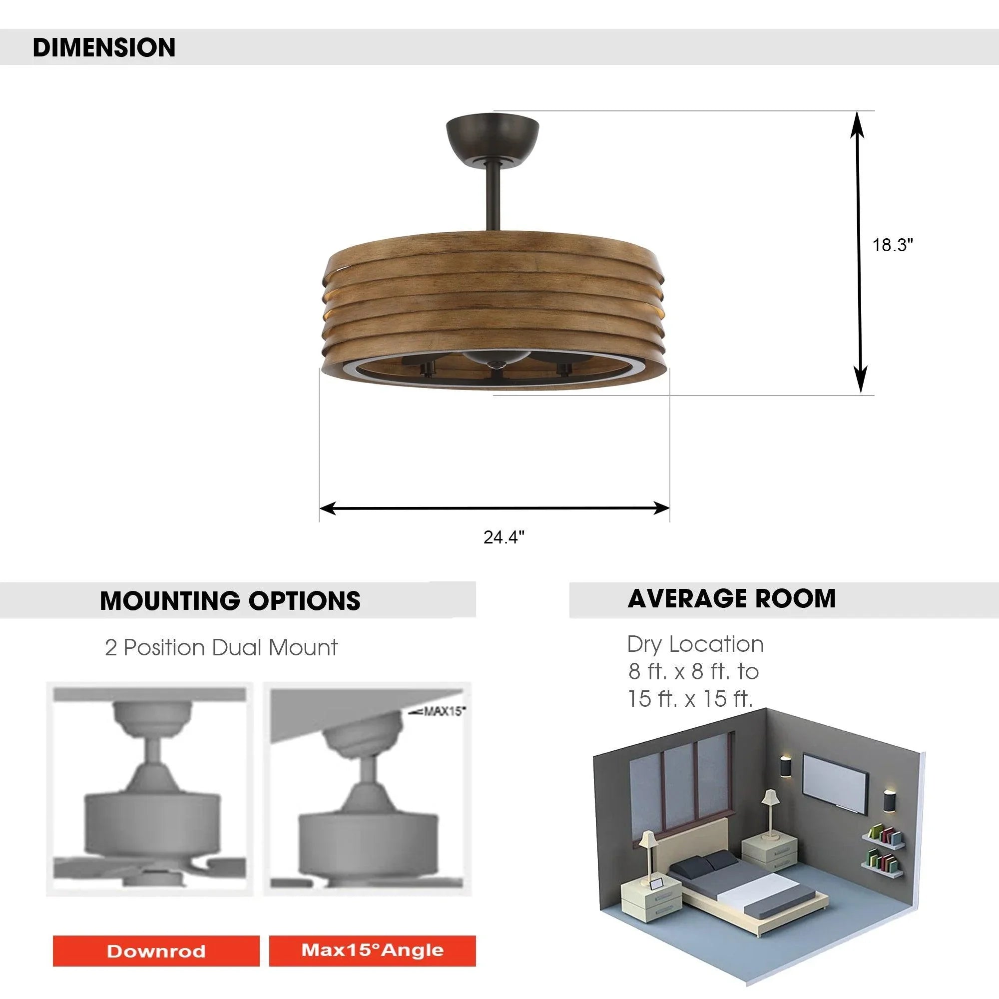 Brown farmhouse ceiling fan with reversible wood-blade drum and integrated light