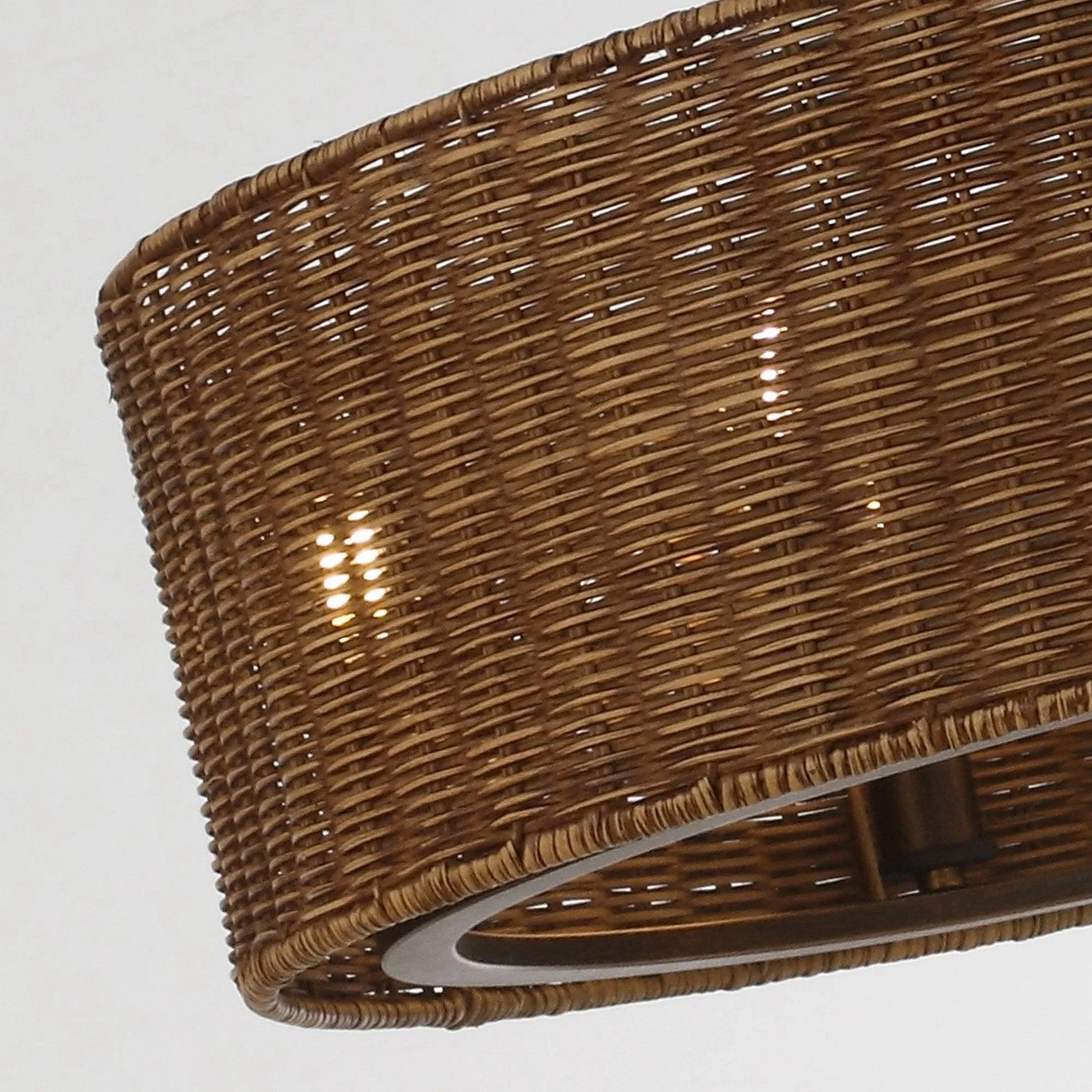 Woven wicker drum shade ceiling fan in oil-rubbed bronze with inner light ring