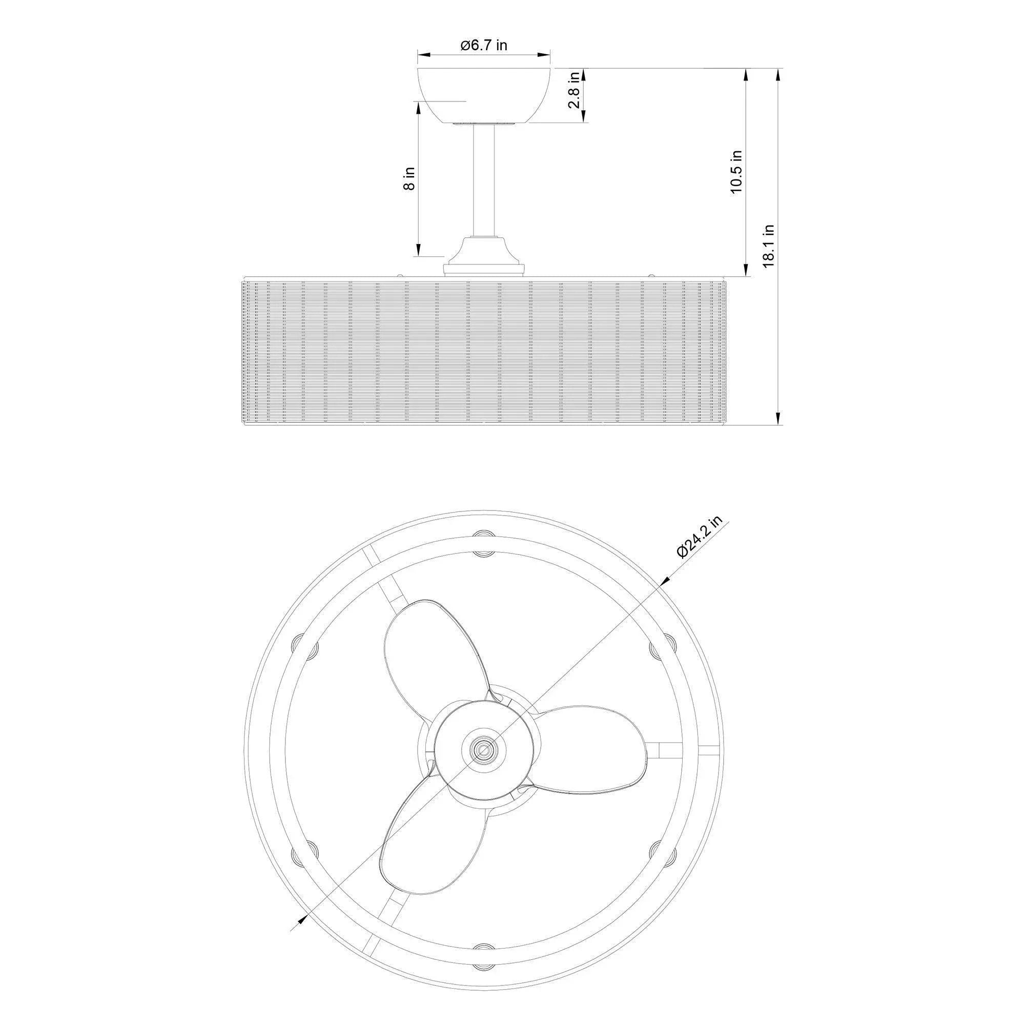 Ceiling fan design diagram with 3 blades, downrod, and woven drum housing