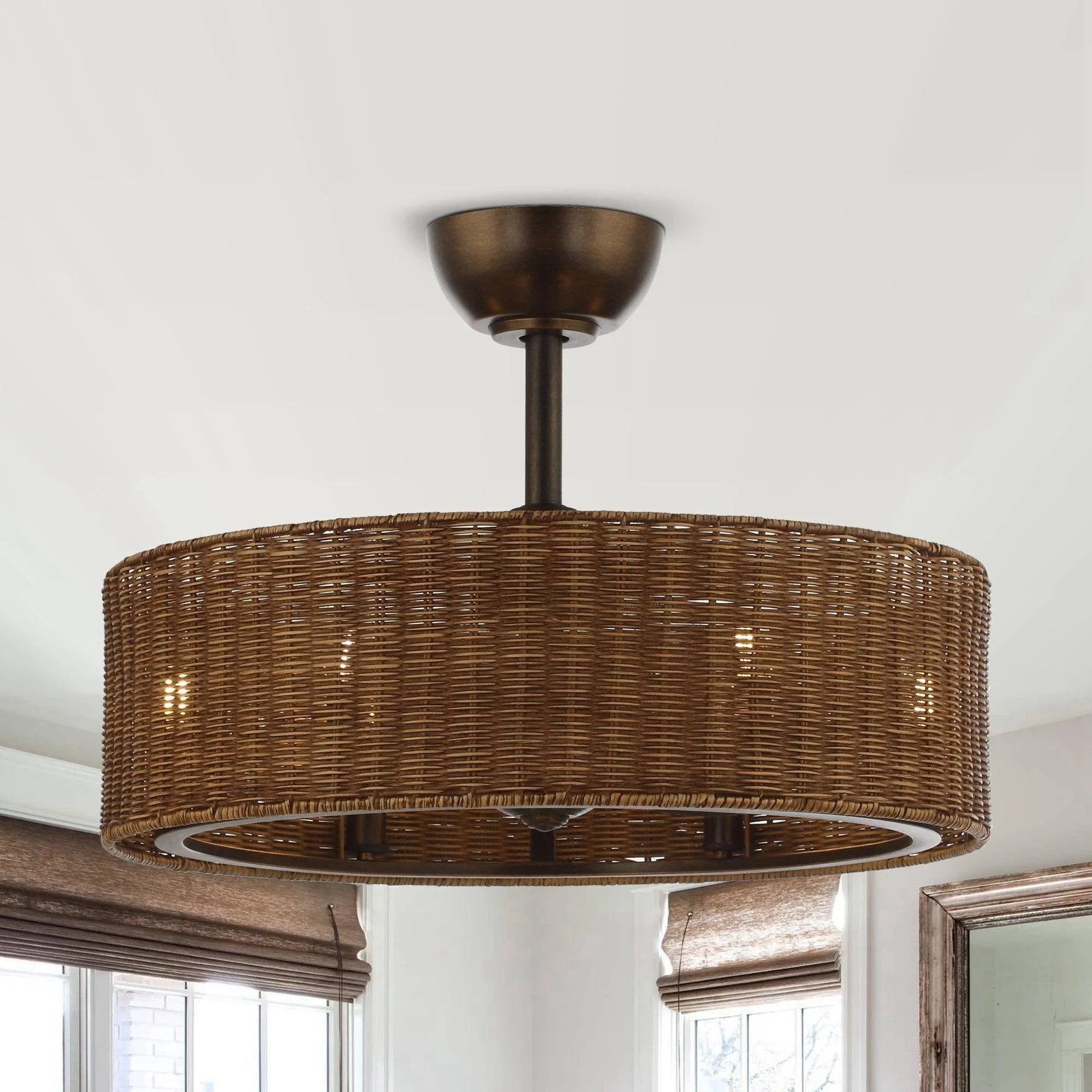 Oil-rubbed bronze ceiling fan with woven wicker drum housing and light ring