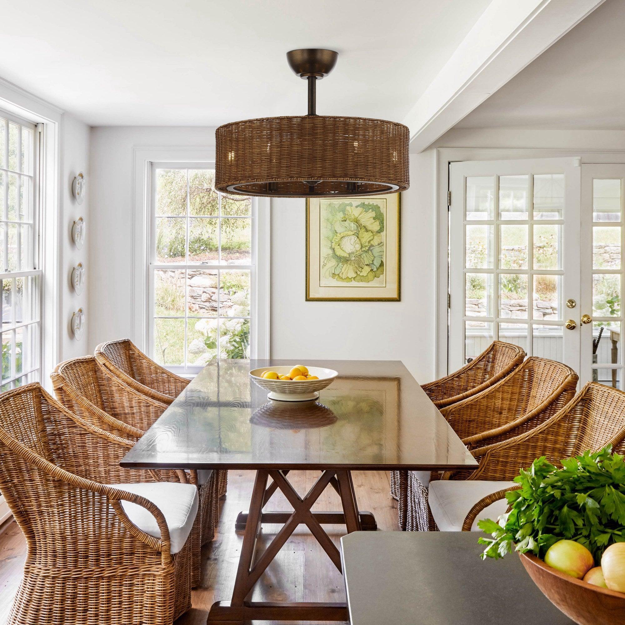 Ceiling fan with woven wicker drum shade and oil-rubbed bronze mount