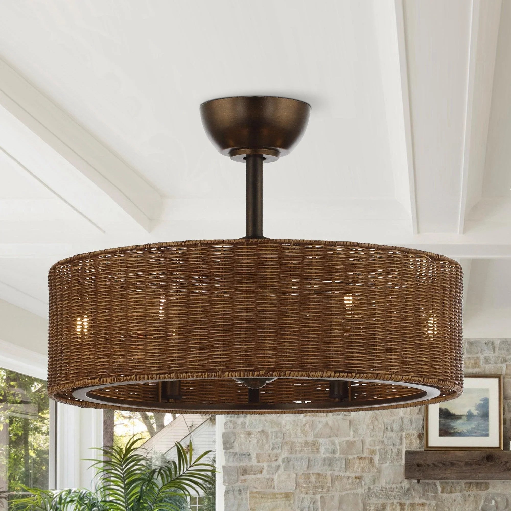 Ceiling fan with woven wicker drum shade and oil-rubbed bronze ceiling canopy