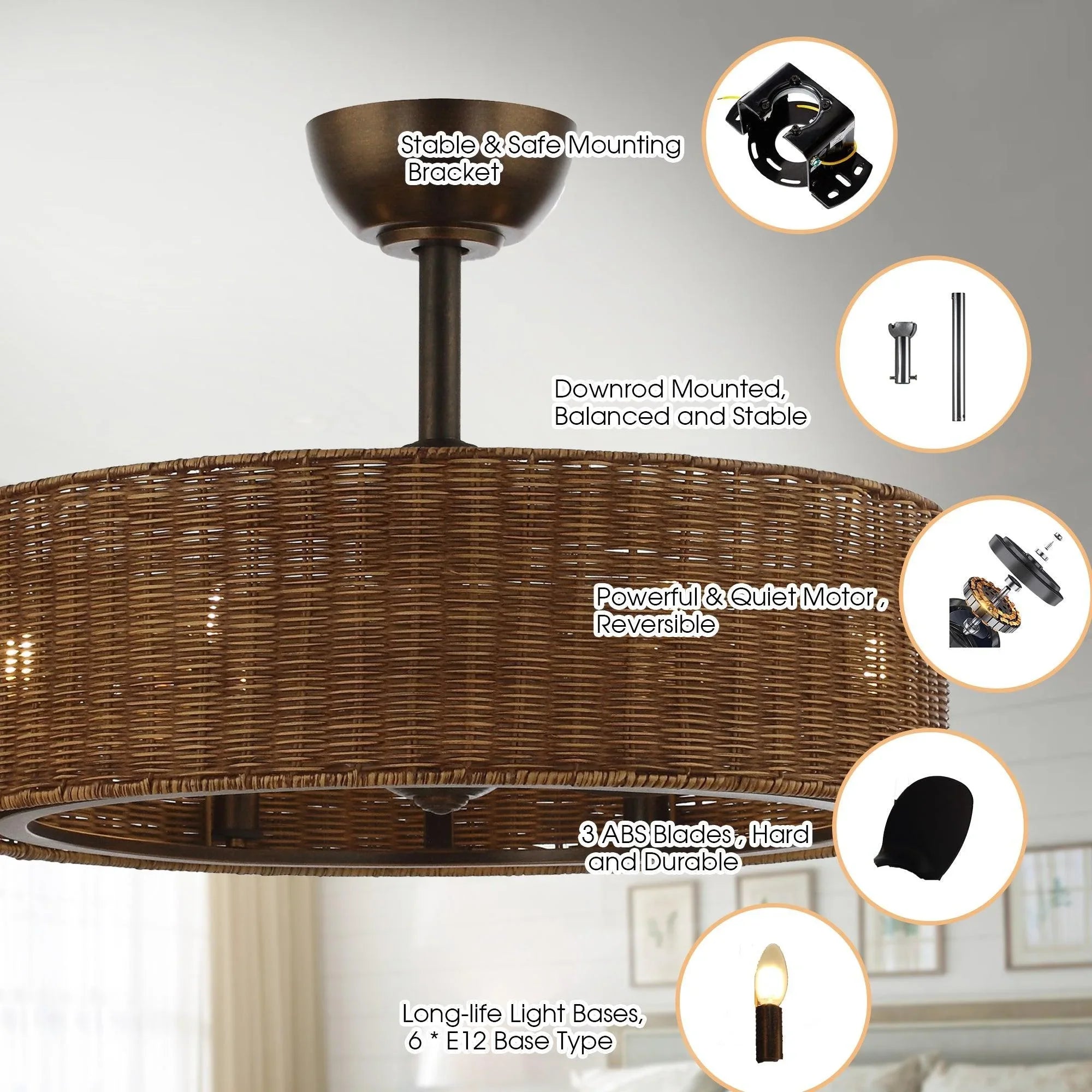 Farmhouse ceiling fan with woven wicker shade, oil-rubbed bronze downrod and light kit