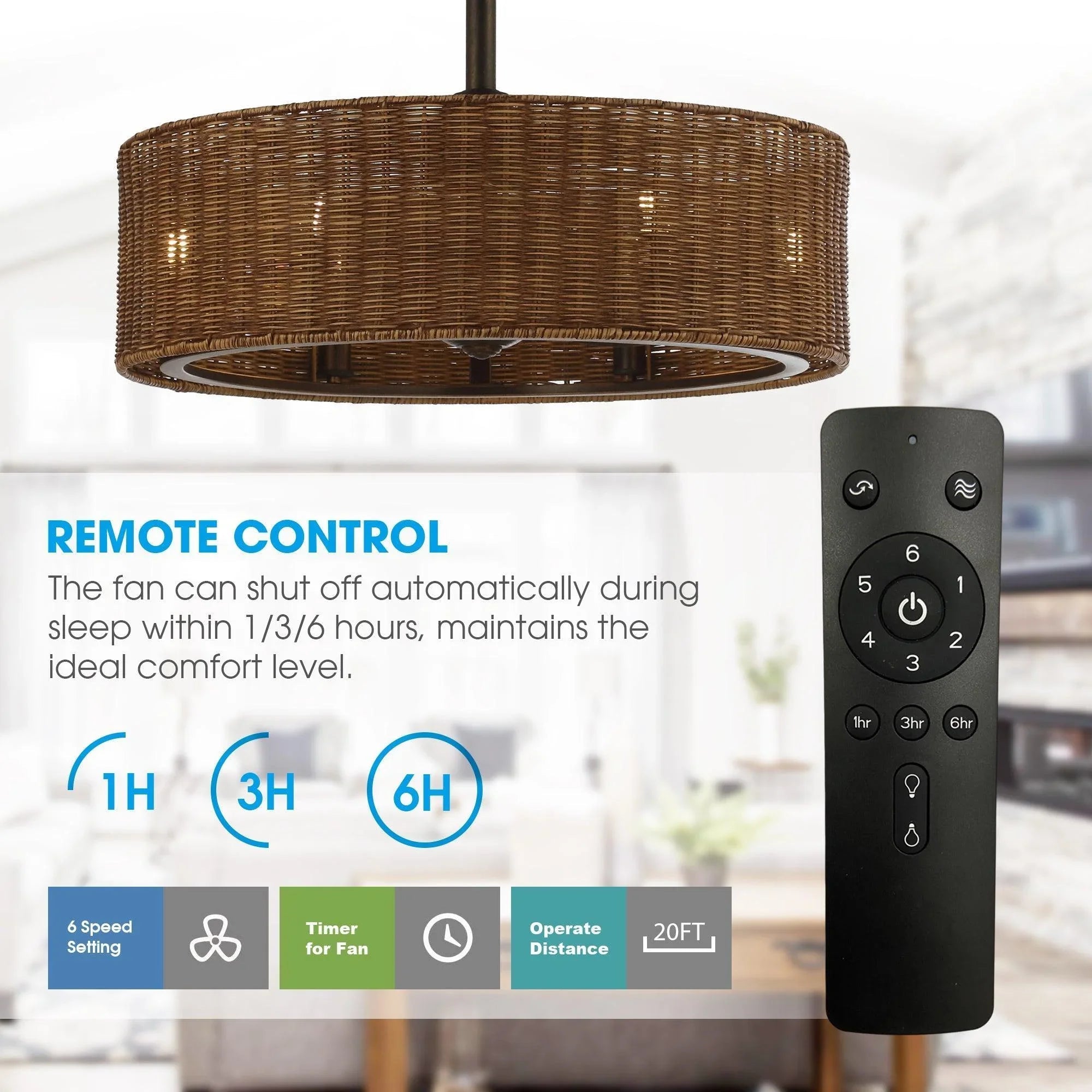 Ceiling fan with woven wicker shade and included remote control