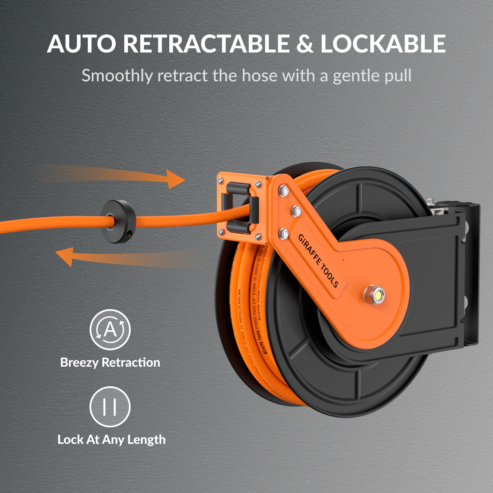 Retractable air hose reel with orange hose, black reel and wall bracket