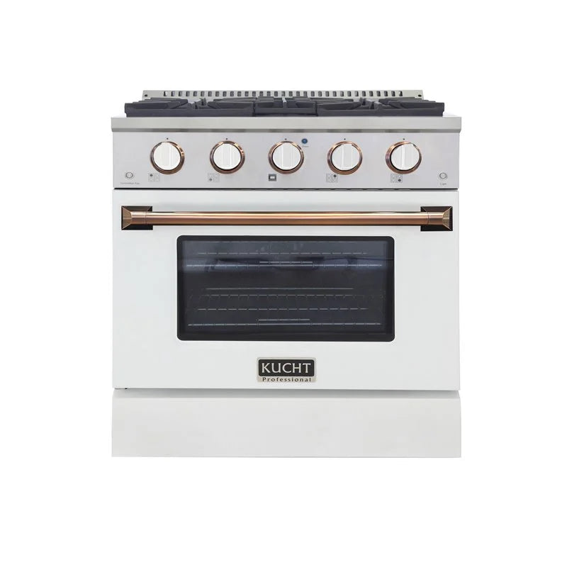 White propane gas range with convection oven, gold handle, and white control knobs