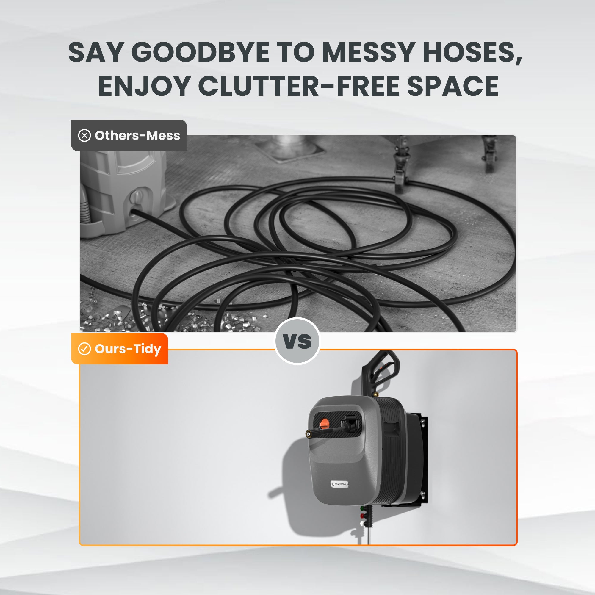 Retractable pressure washer hose reel neatly stored on a wall-mounted bracket