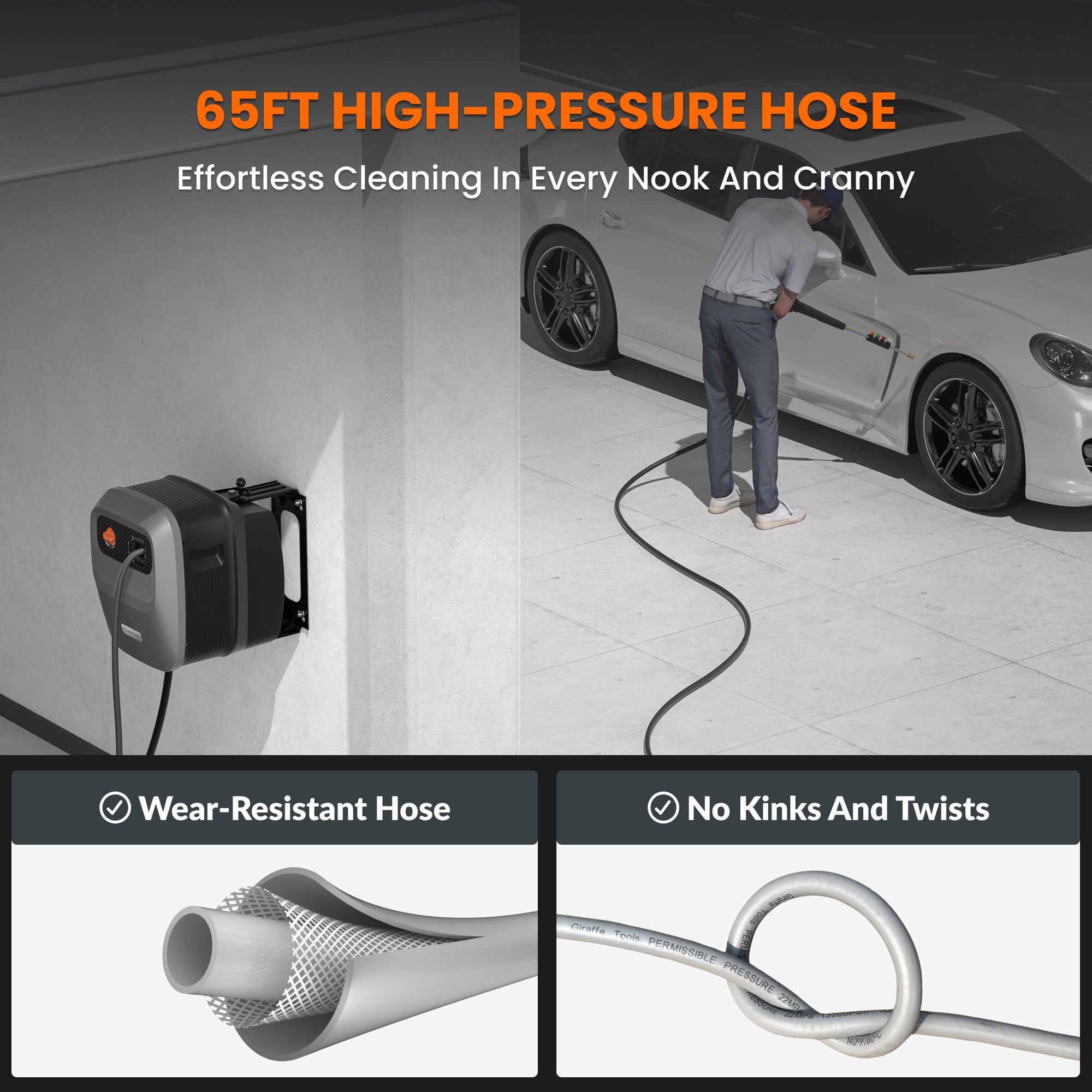Wall-mounted retractable pressure washer hose reel with spray gun and high-pressure hose
