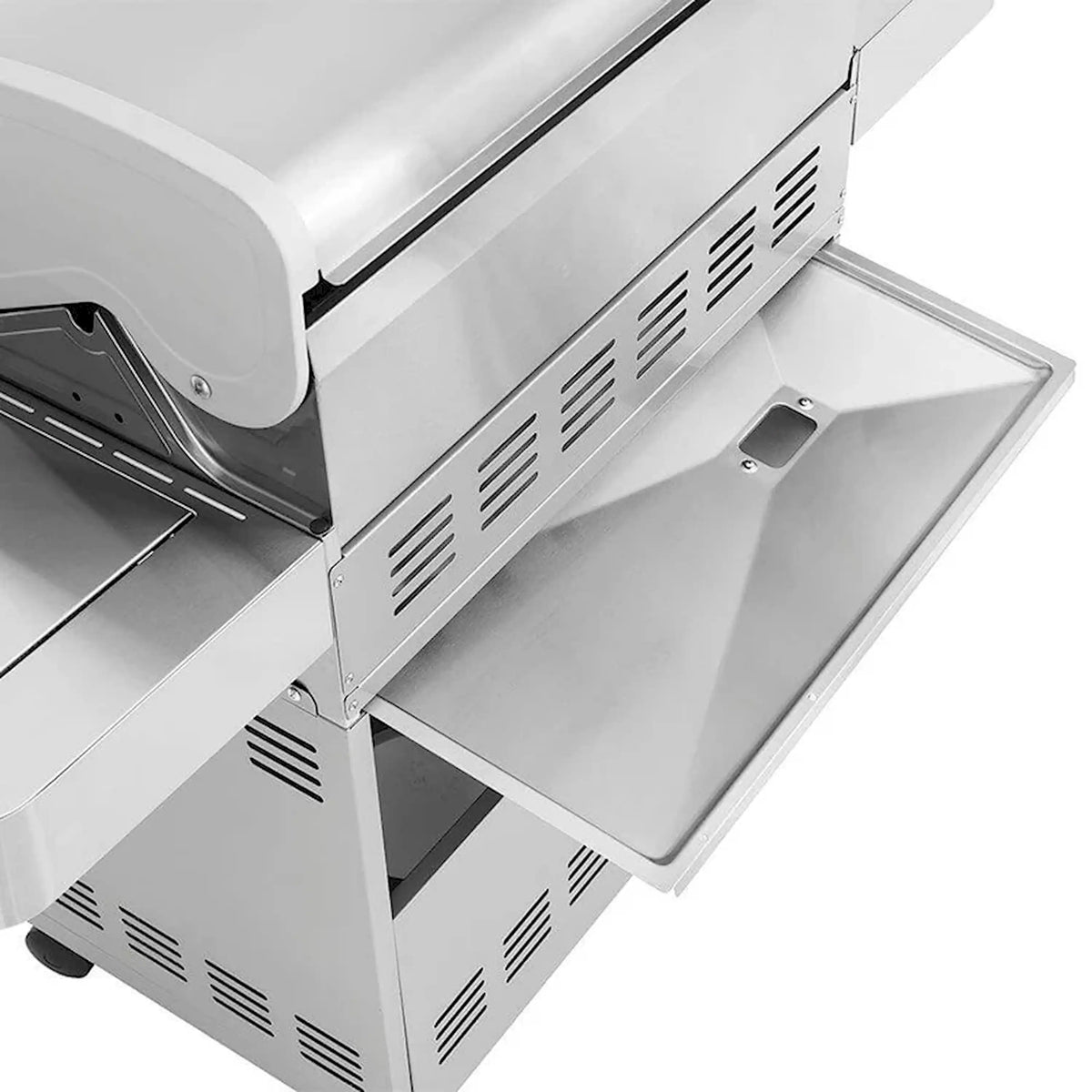 Stainless steel grill side shelf and open warming area lid