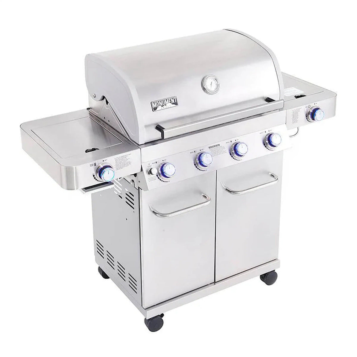 Stainless steel 4-burner propane gas grill with side shelves and control knobs