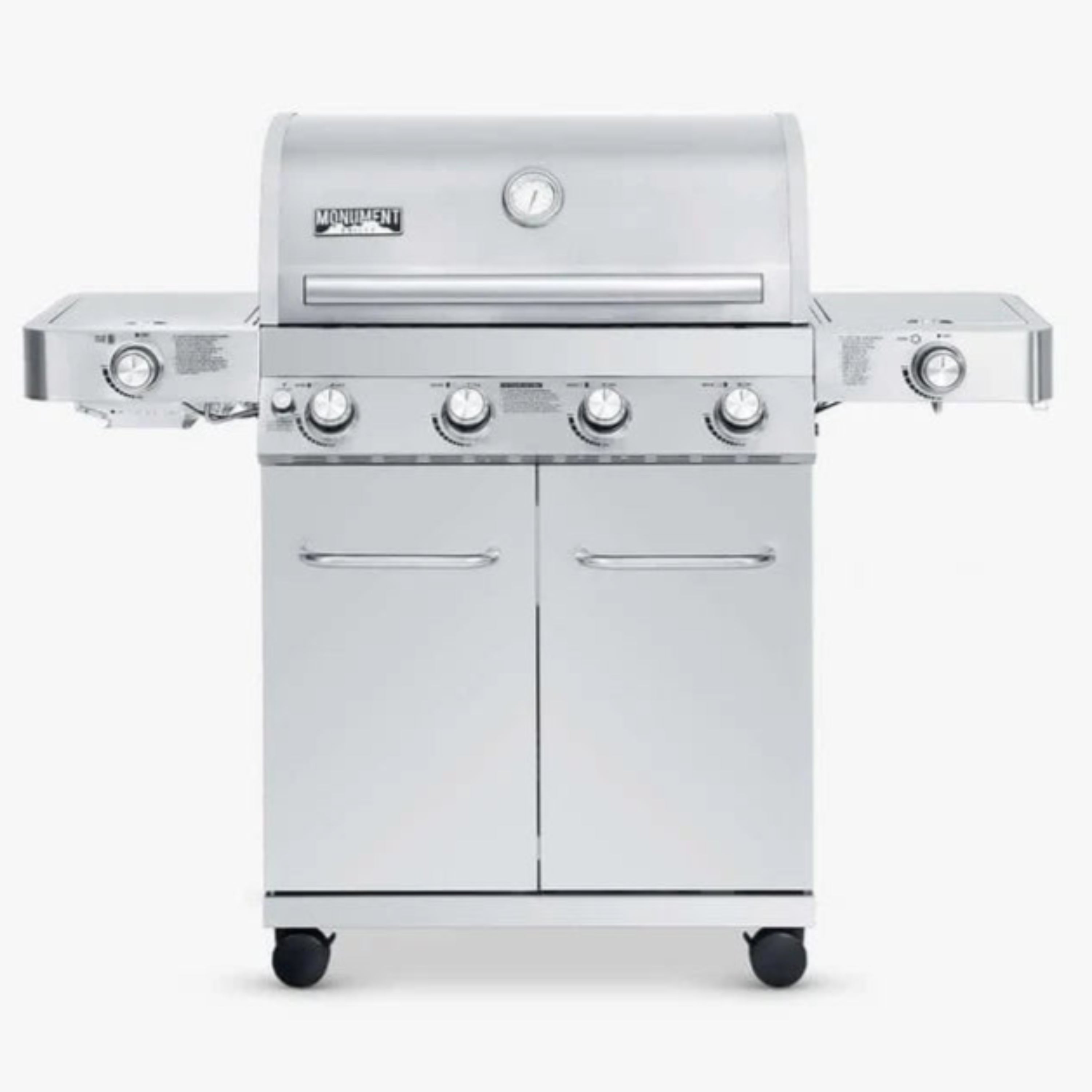 Stainless steel 4-burner gas grill with control knobs and two cabinet doors