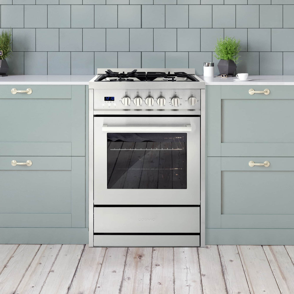 Stainless steel gas range featuring 4-burner cooktop and single oven with black glass