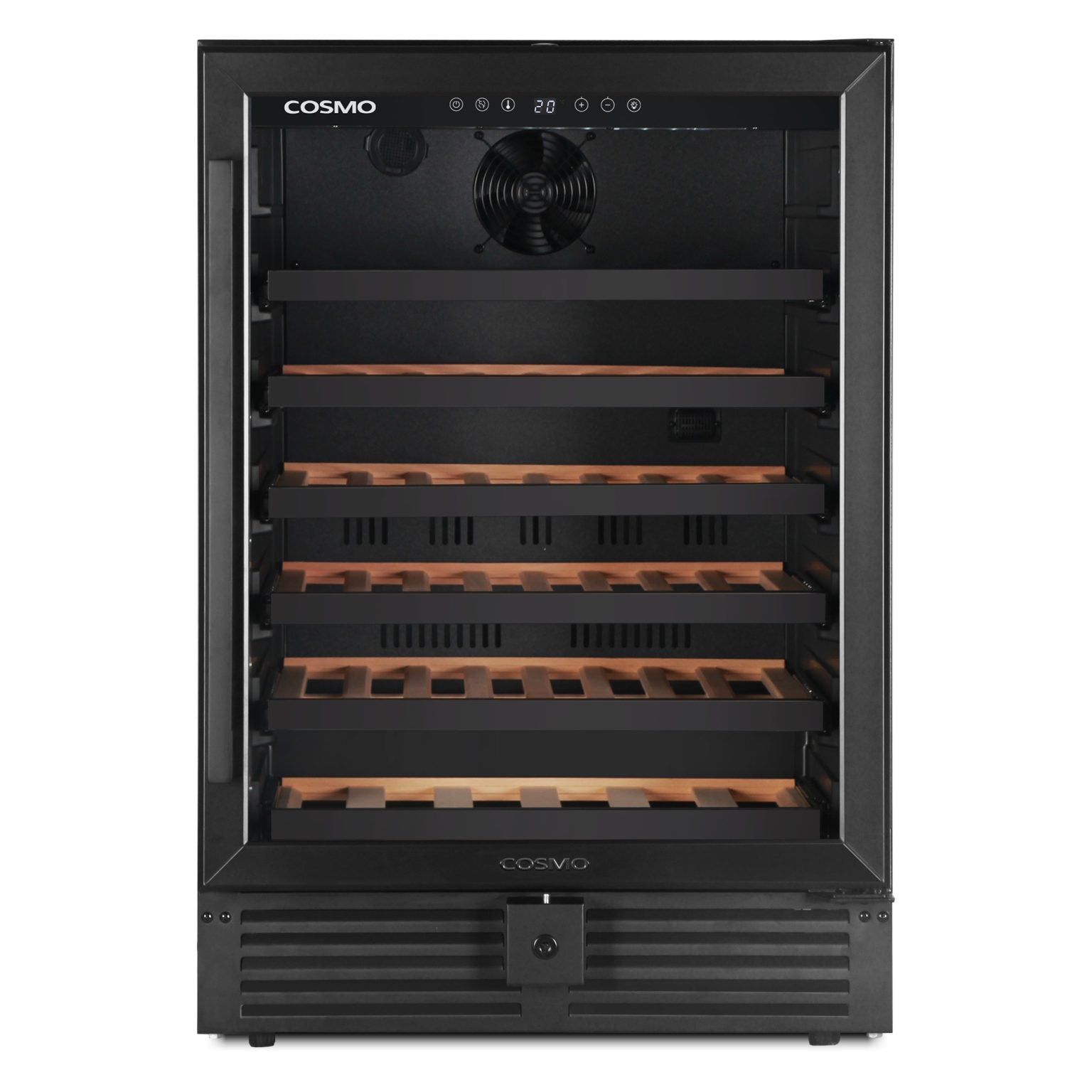 Matte black 48-bottle wine cooler with front door open, fan and wooden shelves visible