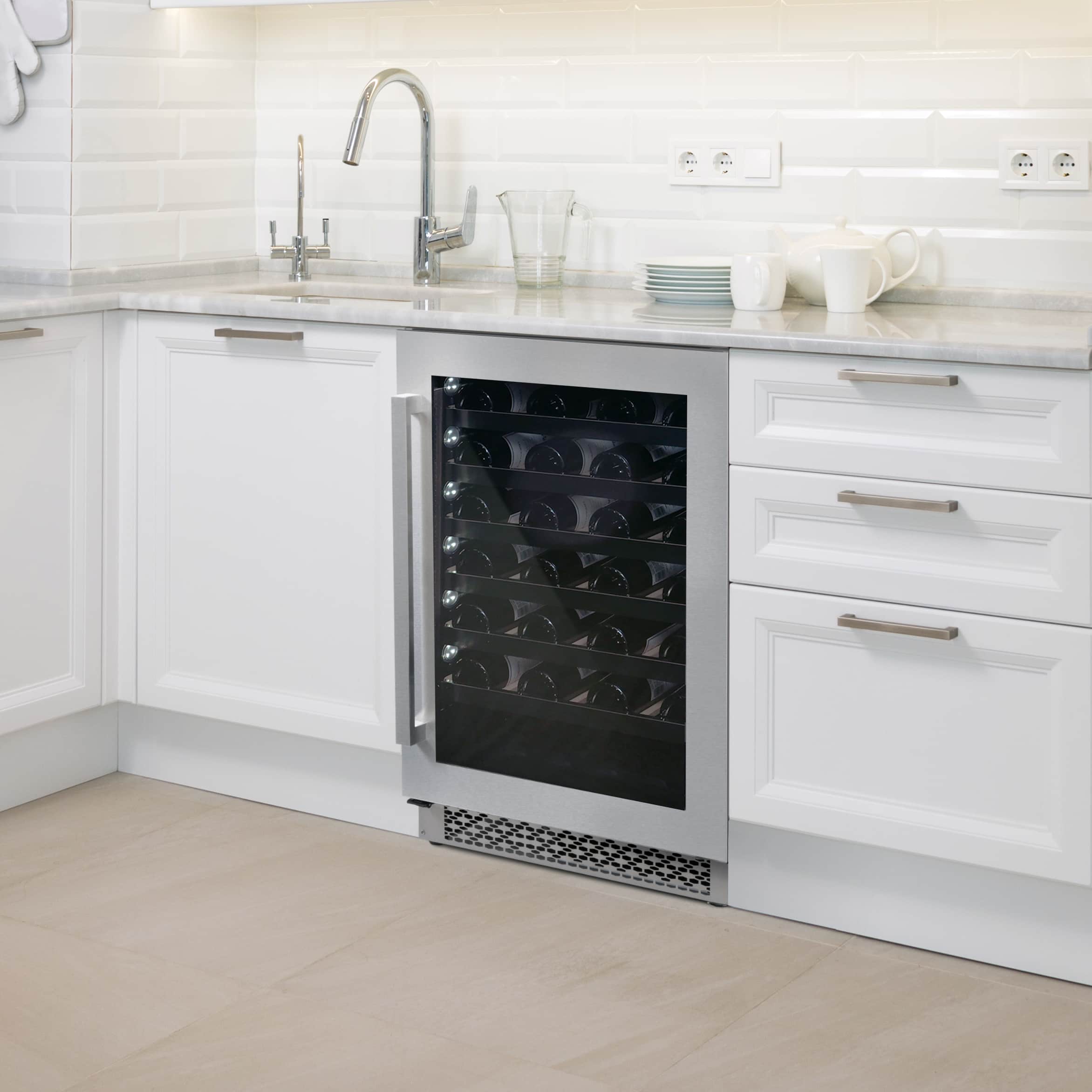 Recessed stainless steel wine cooler with open door and internal bottle racks