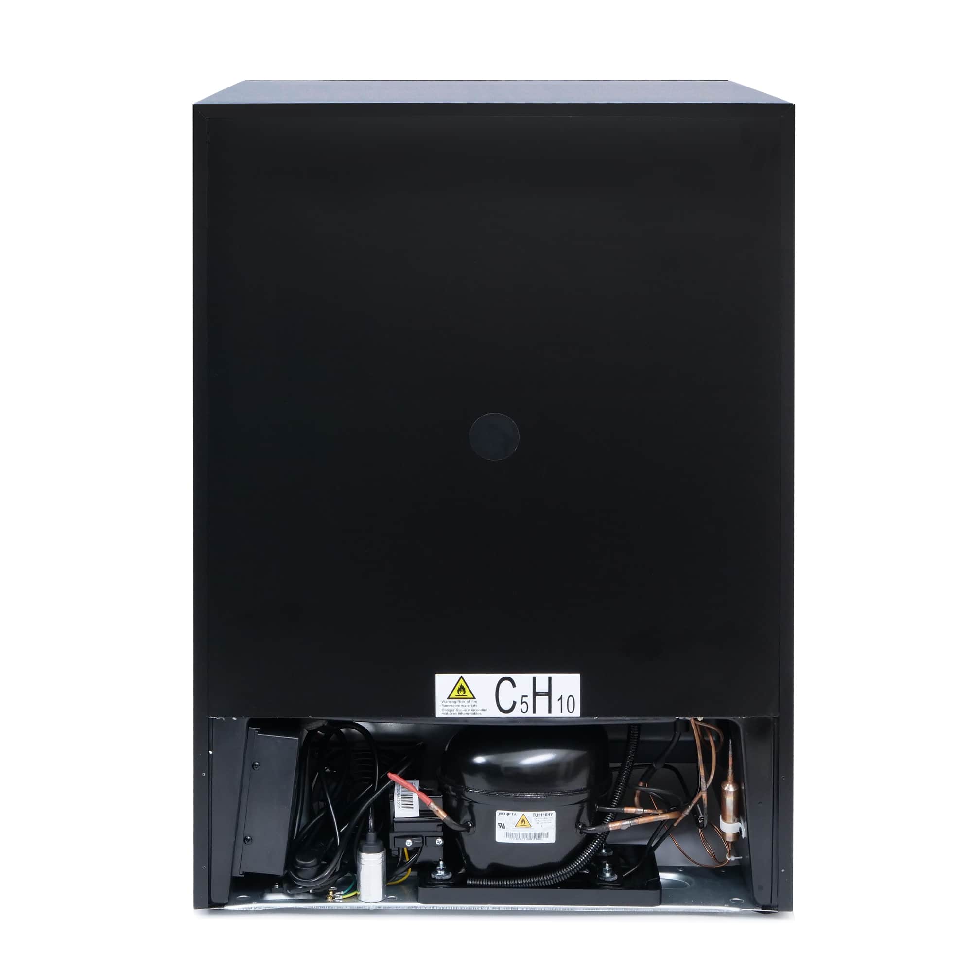 Black wine cooler with front access panel, showing internal refrigeration components