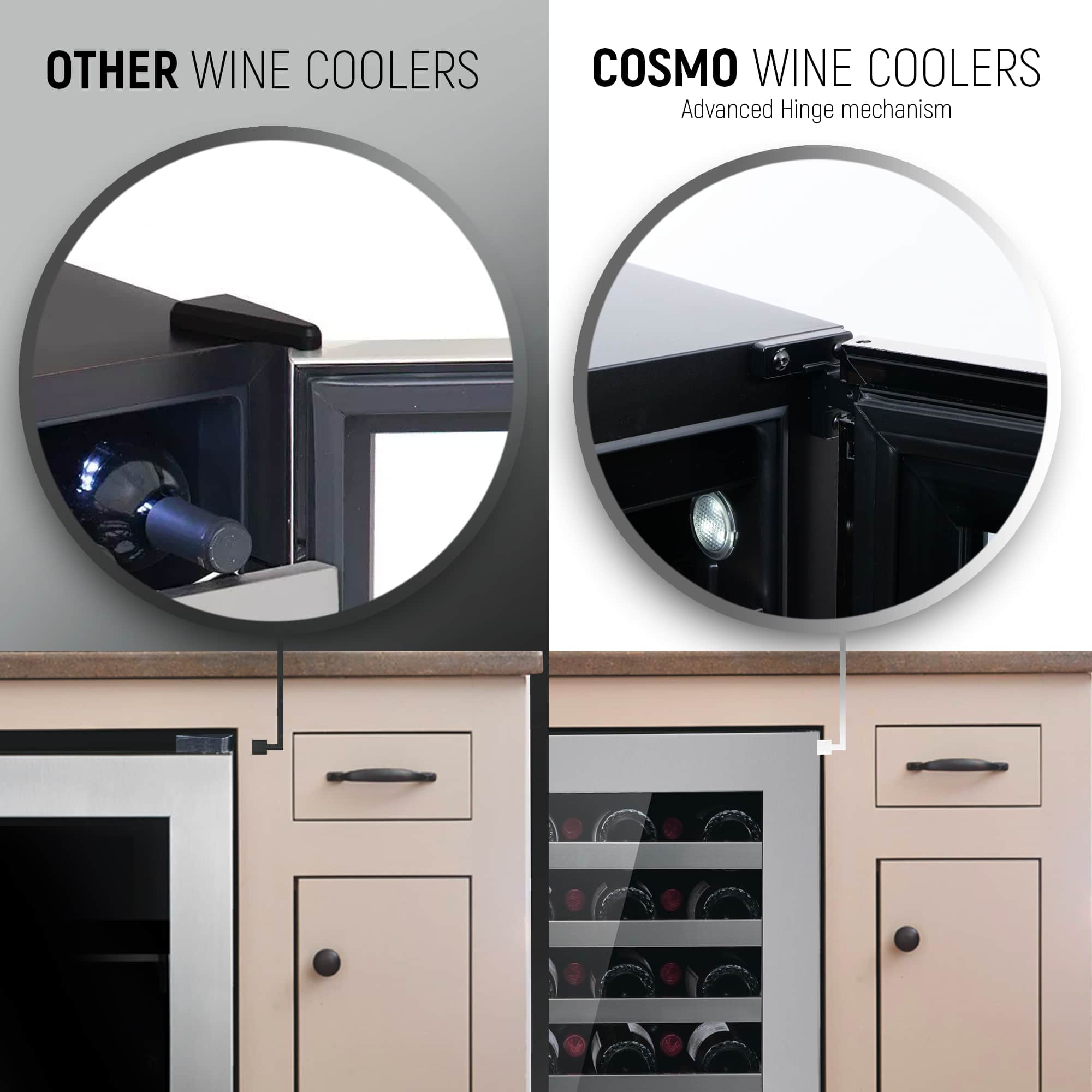 Wine cooler cabinet opening with side vent fan and interior light near controls