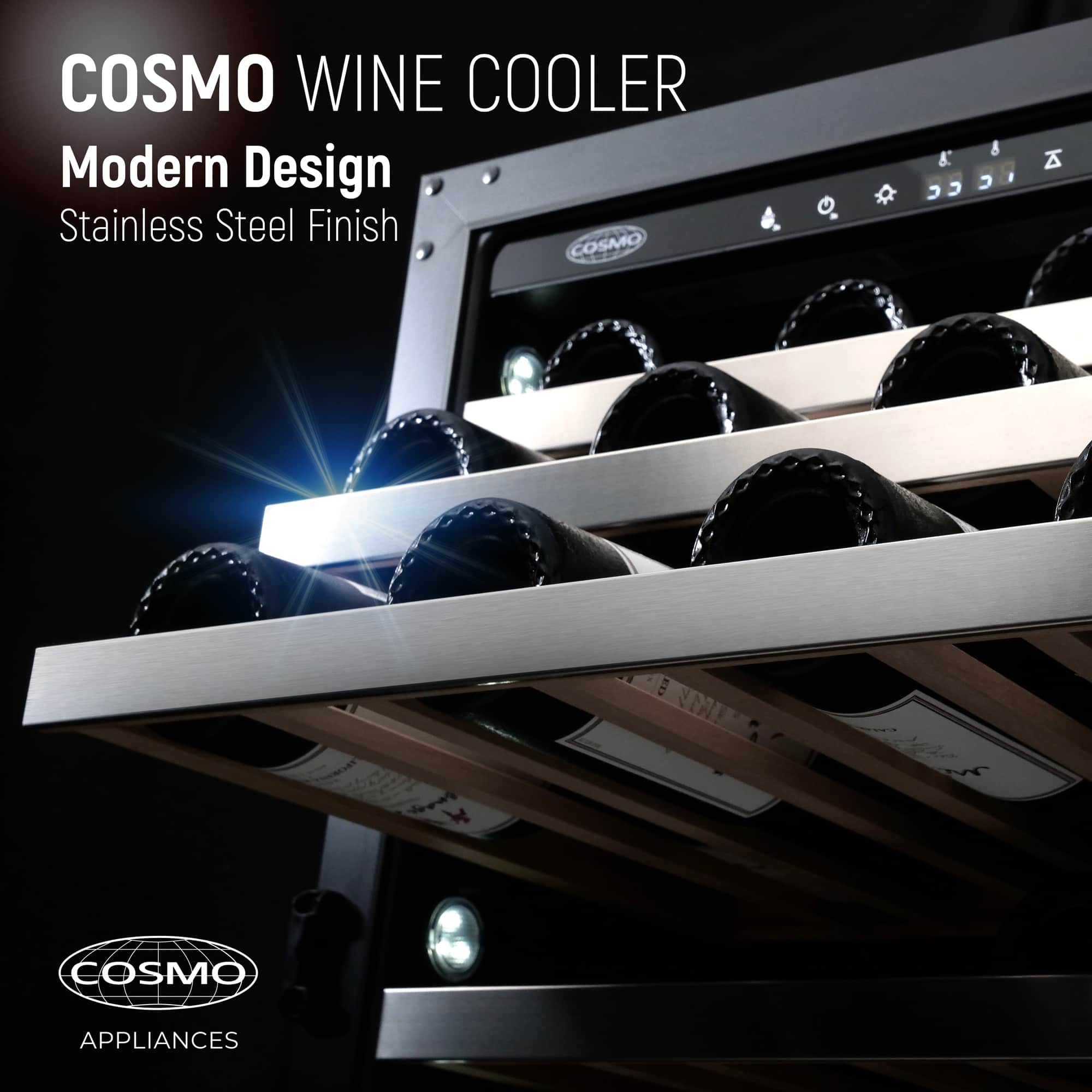 Stainless steel wine cooler with open door, bottles on racks and top control panel