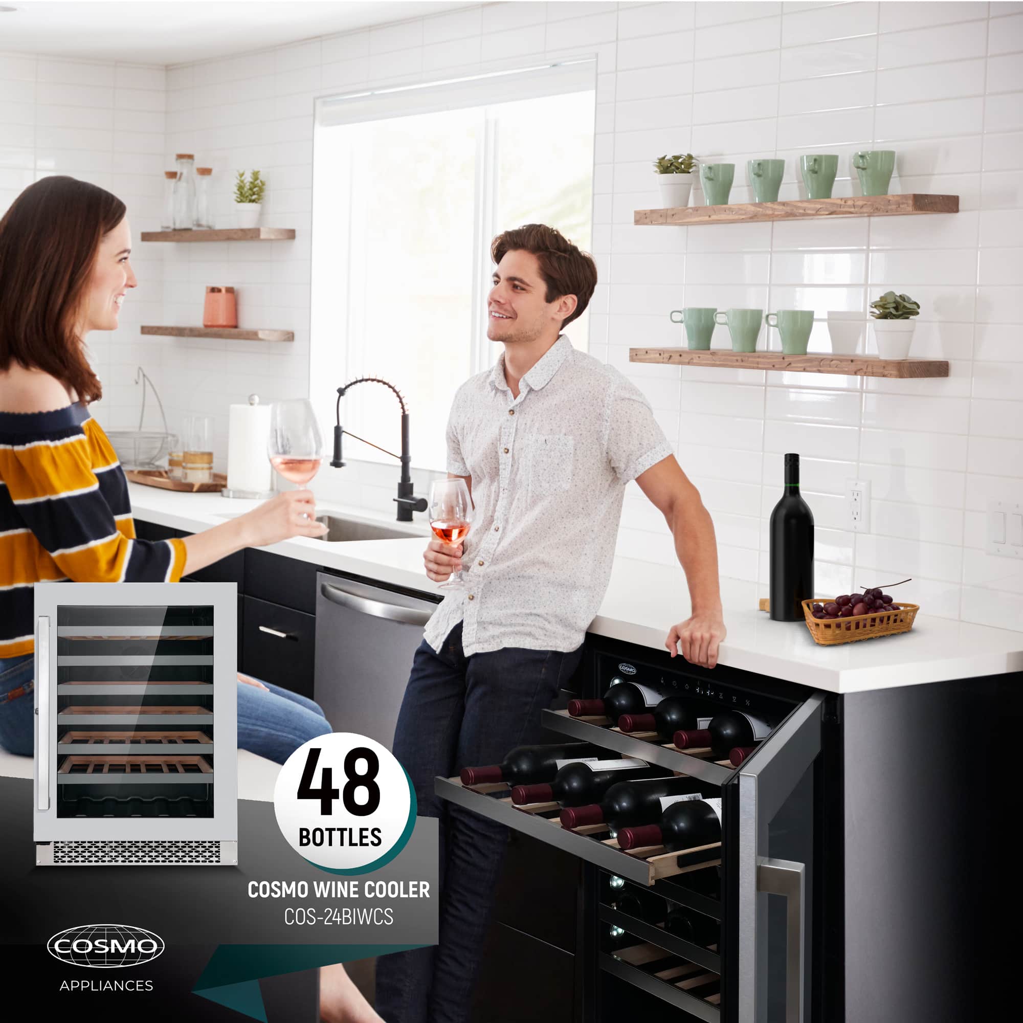 Black wine cooler cabinet with glass door installed in a modern kitchen