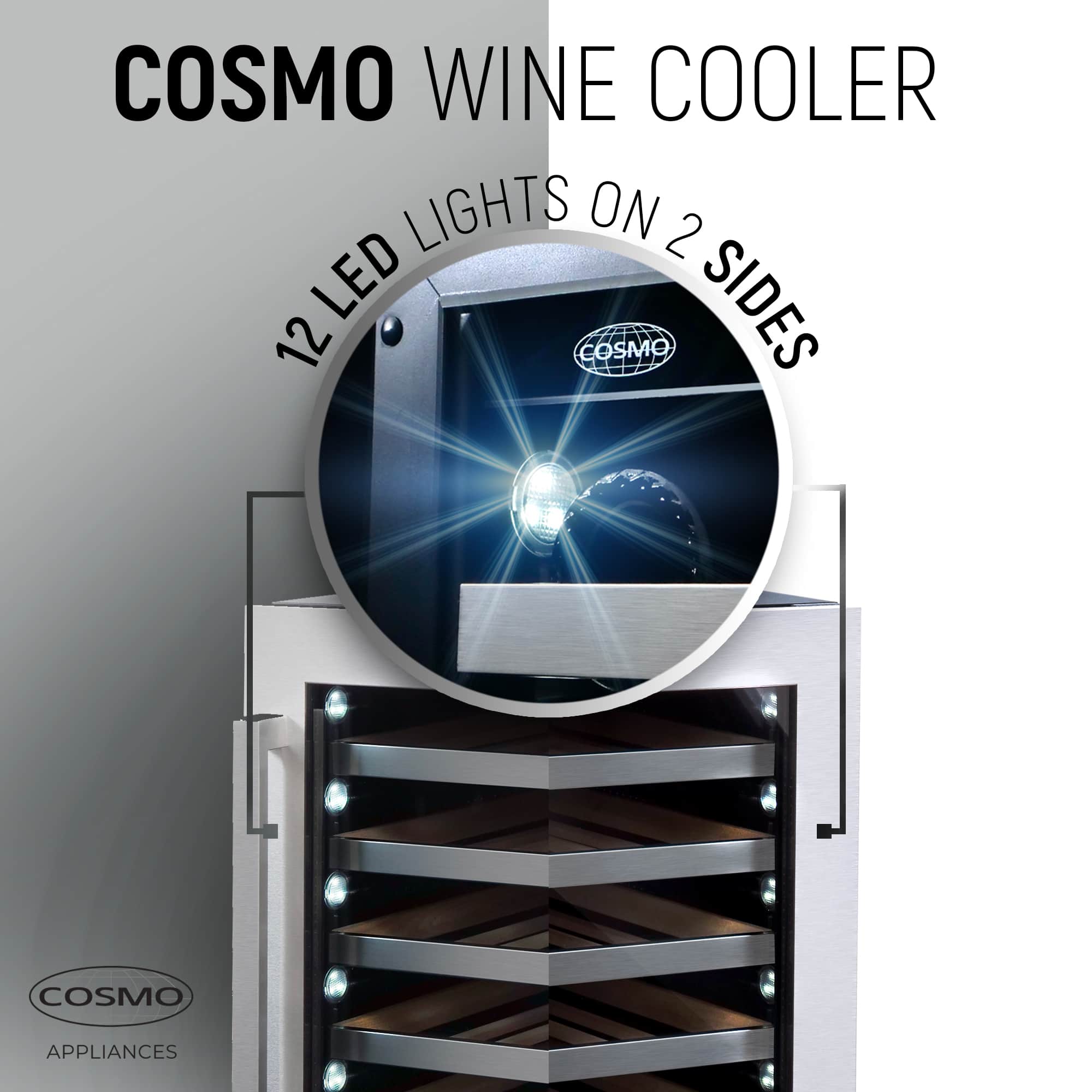 Wine cooler with bright interior LED lights and wood bottle racks inside glass door