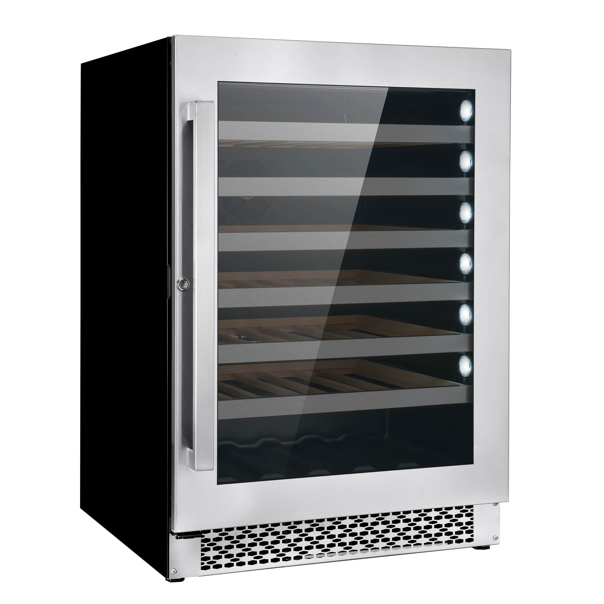 Stainless wine cooler with open door, visible shelves and bottle storage bottom rack