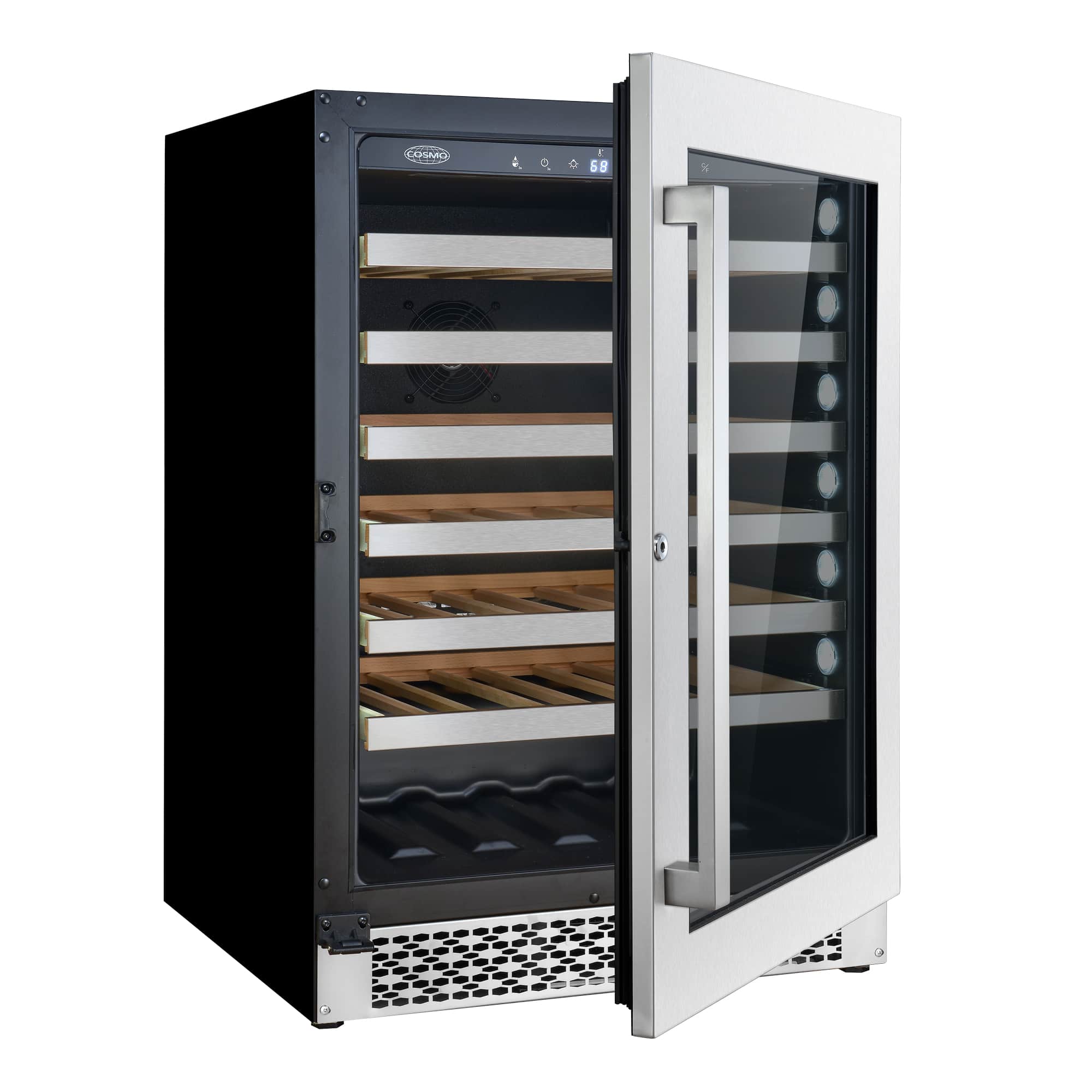 Freestanding wine cooler with open door, interior wood shelves and ventilation grille