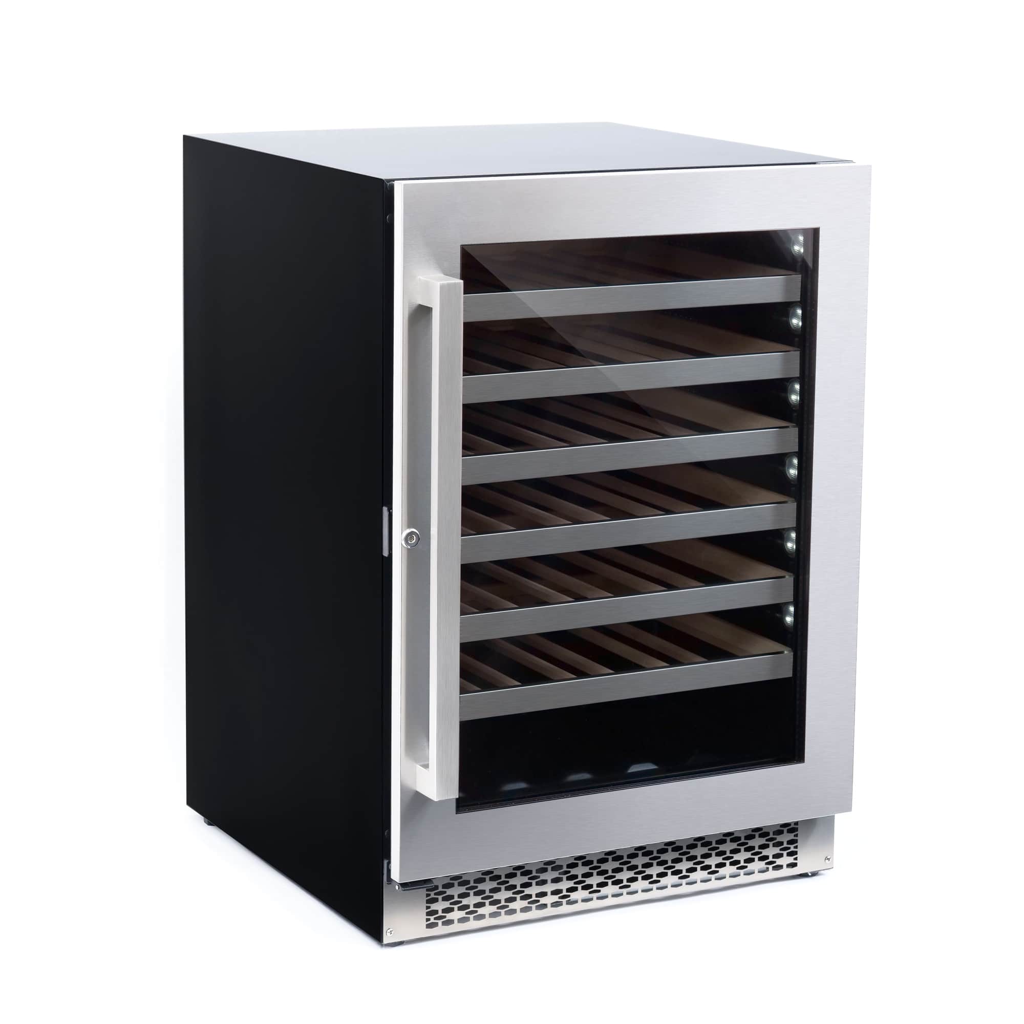 Black wine cooler with open glass door and interior wood racks for bottles