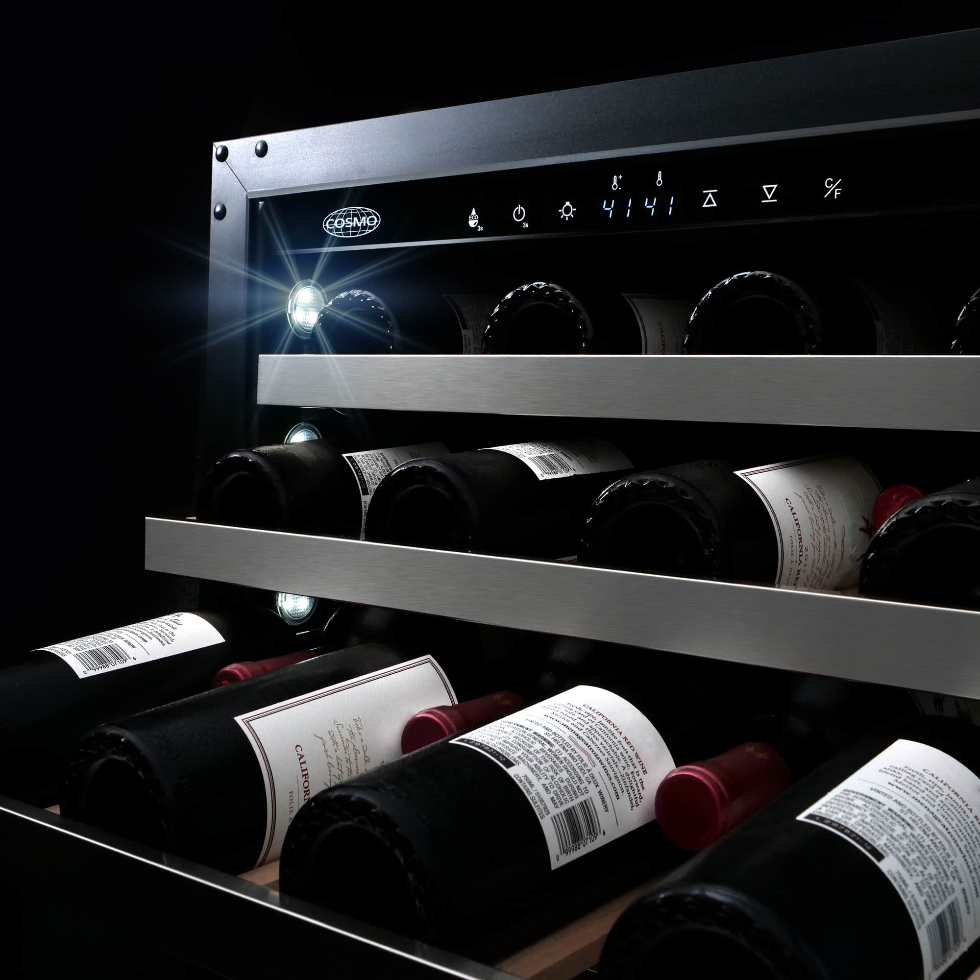 Stainless steel wine cooler with sliding racks filled with wine bottles, front glass