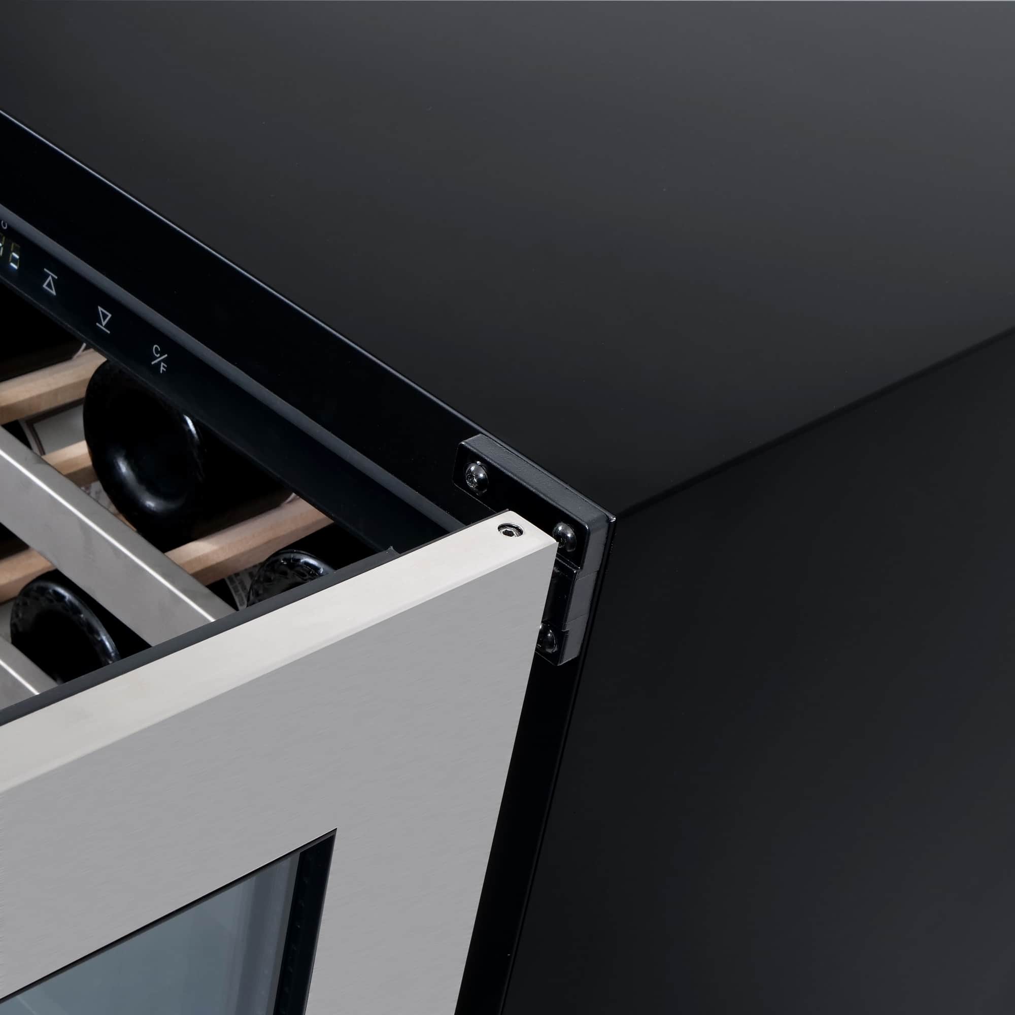 Stainless steel wine cooler side corner with open door and black cabinet base