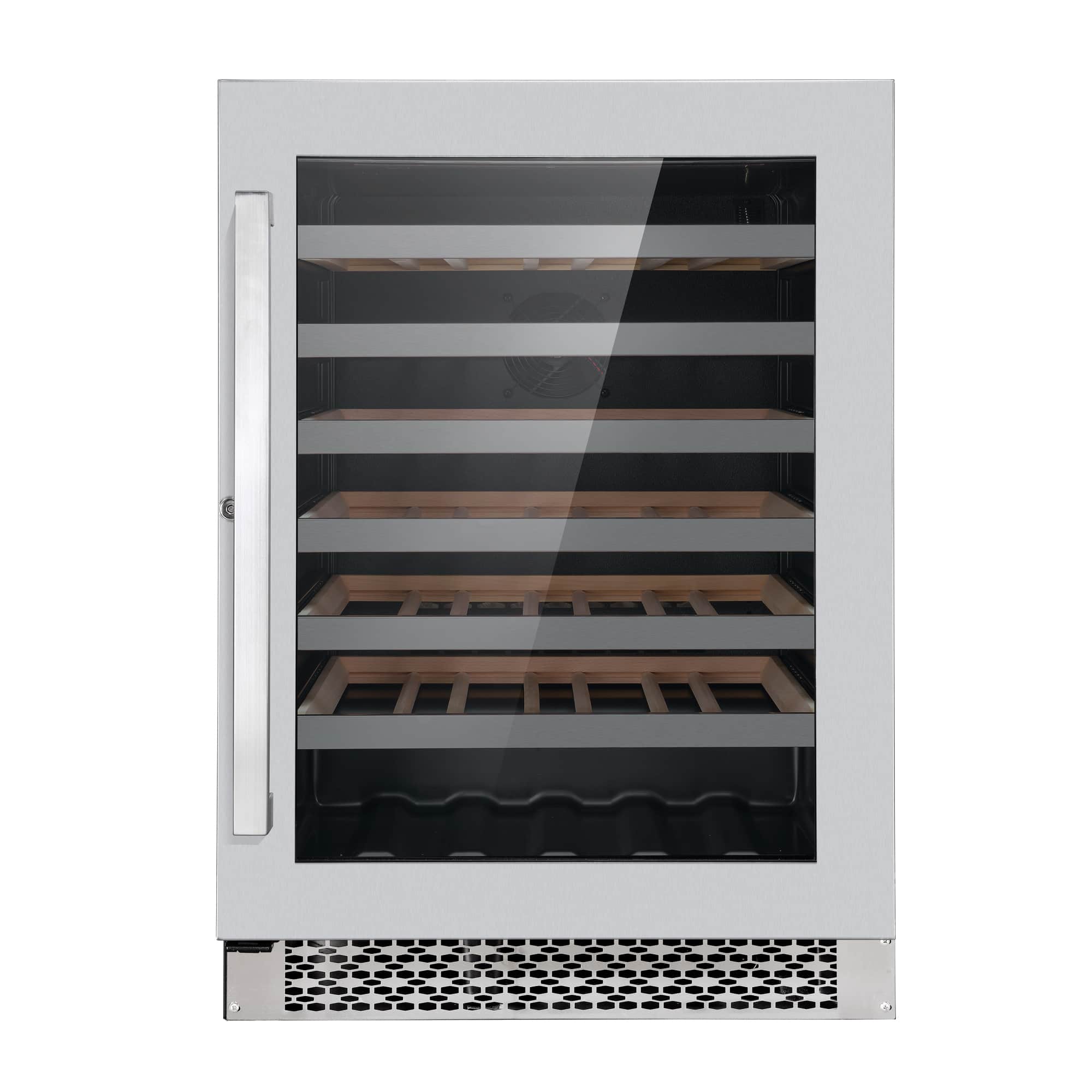 Stainless steel wine cooler door open showing interior racks and bottle slots