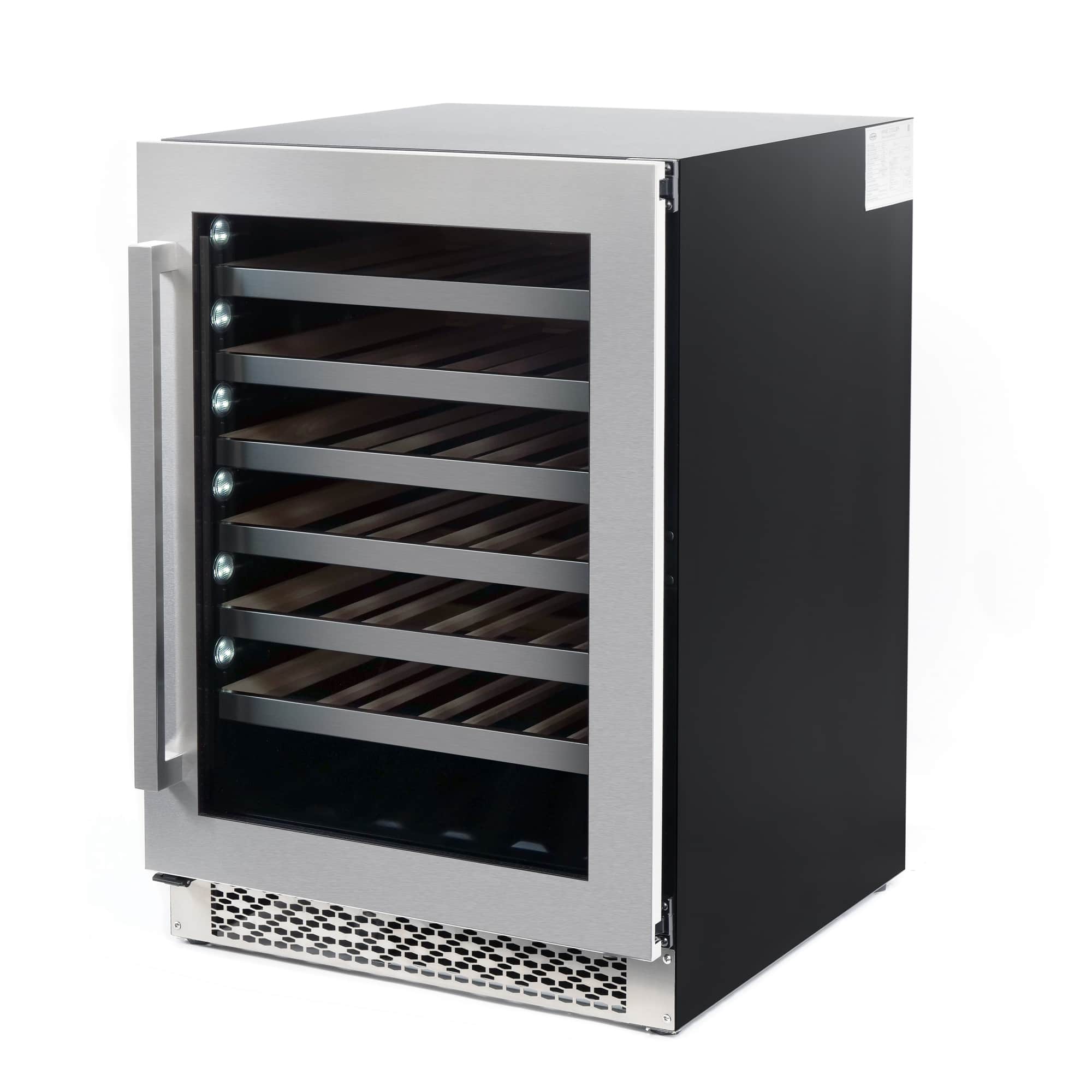 Freestanding wine cooler with open door, stainless frame, and bottom grille