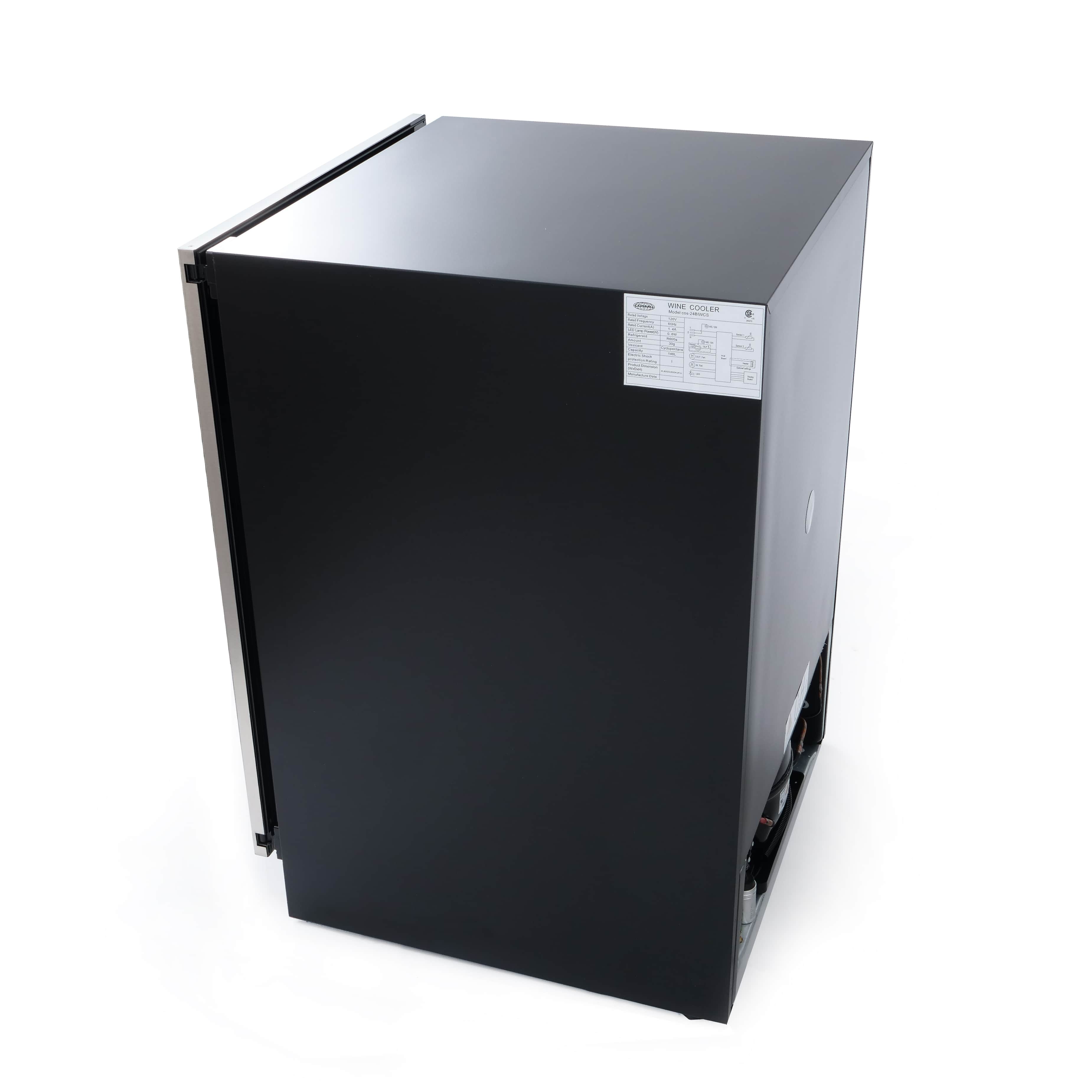 Black and stainless steel wine cooler exterior with top lid and side vent