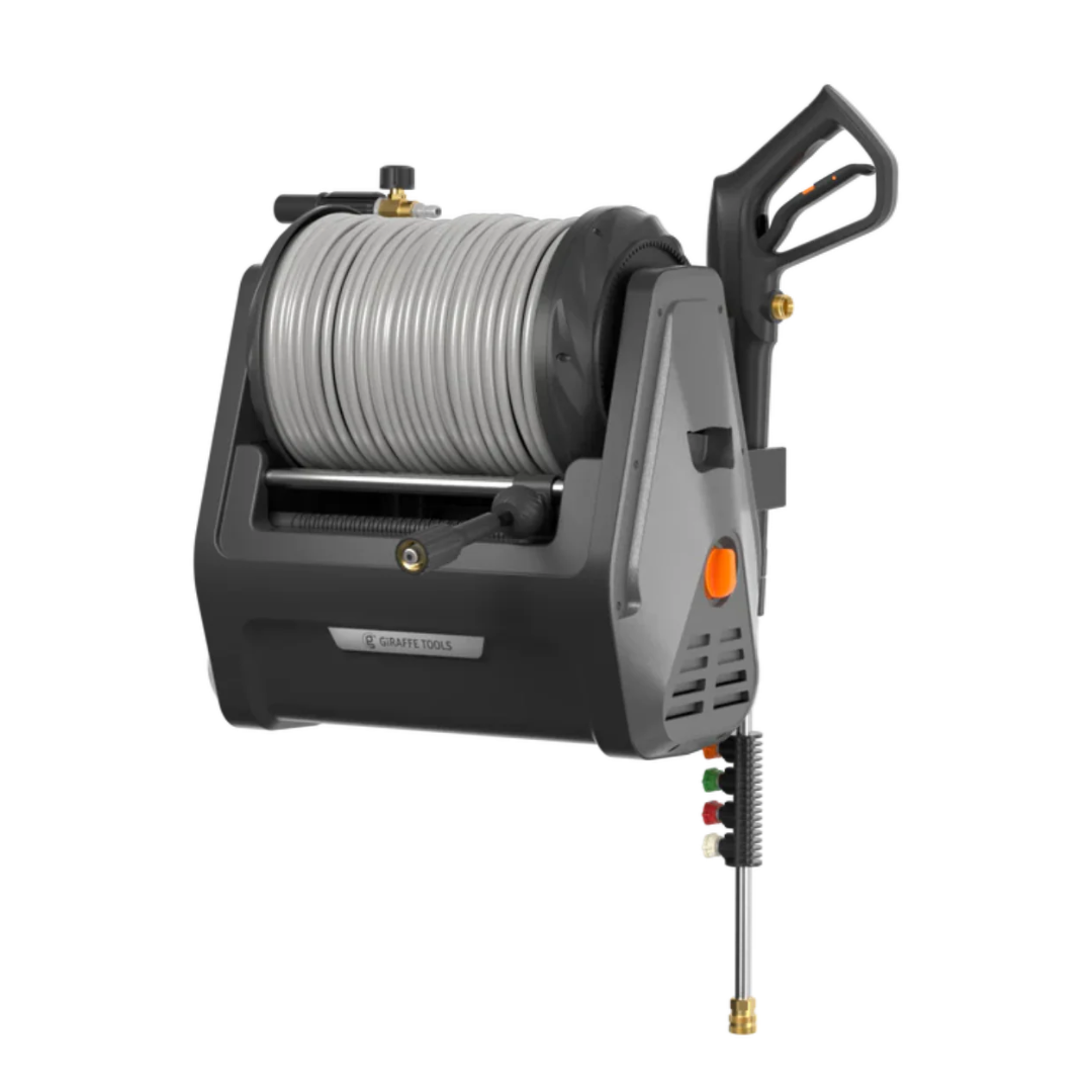 Retractable pressure washer with coiled hose reel, side grip handle, and orange button