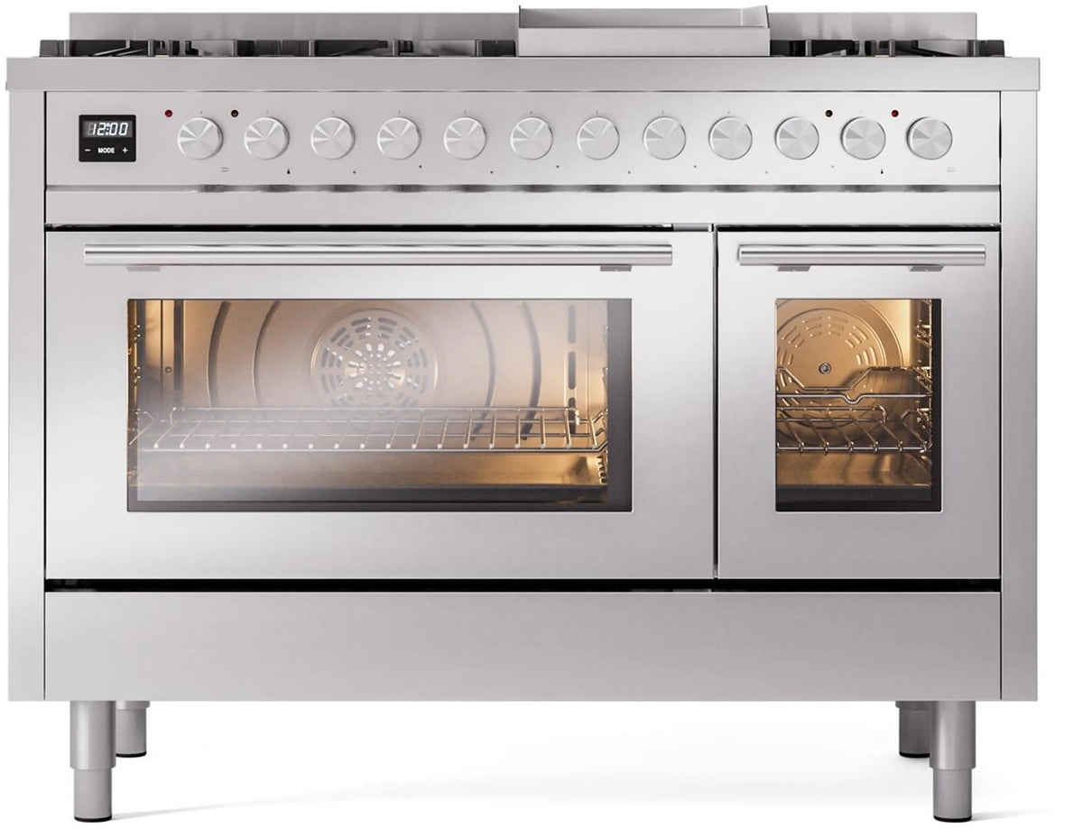 Stainless steel dual-fuel gas range front with control knobs and oven doors