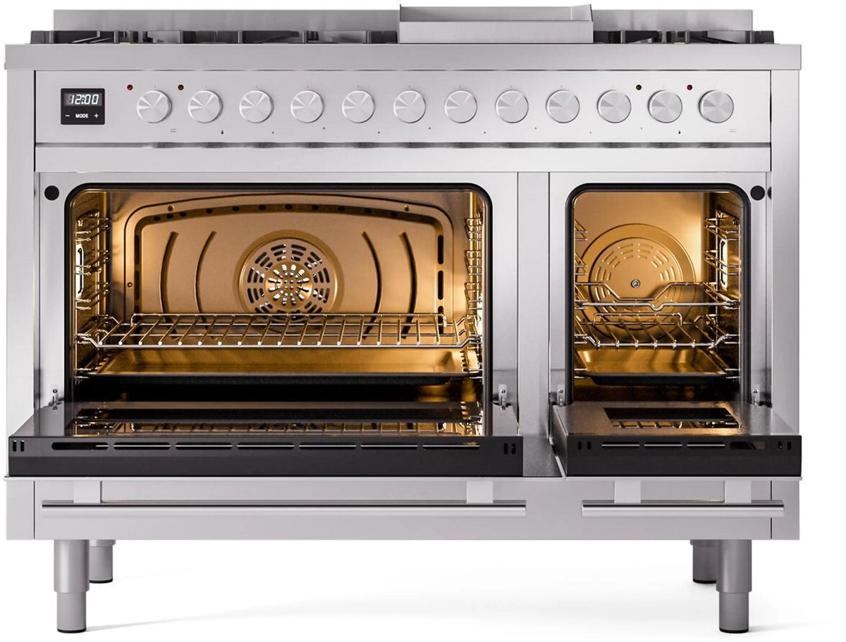 Stainless steel dual fuel range with both ovens open and interior racks visible