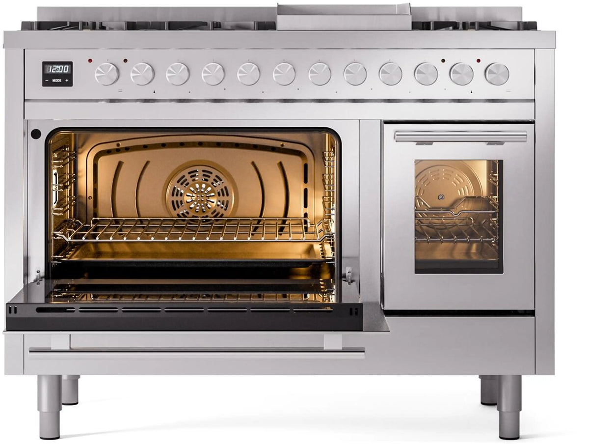 Stainless steel freestanding range with left open oven and right oven window