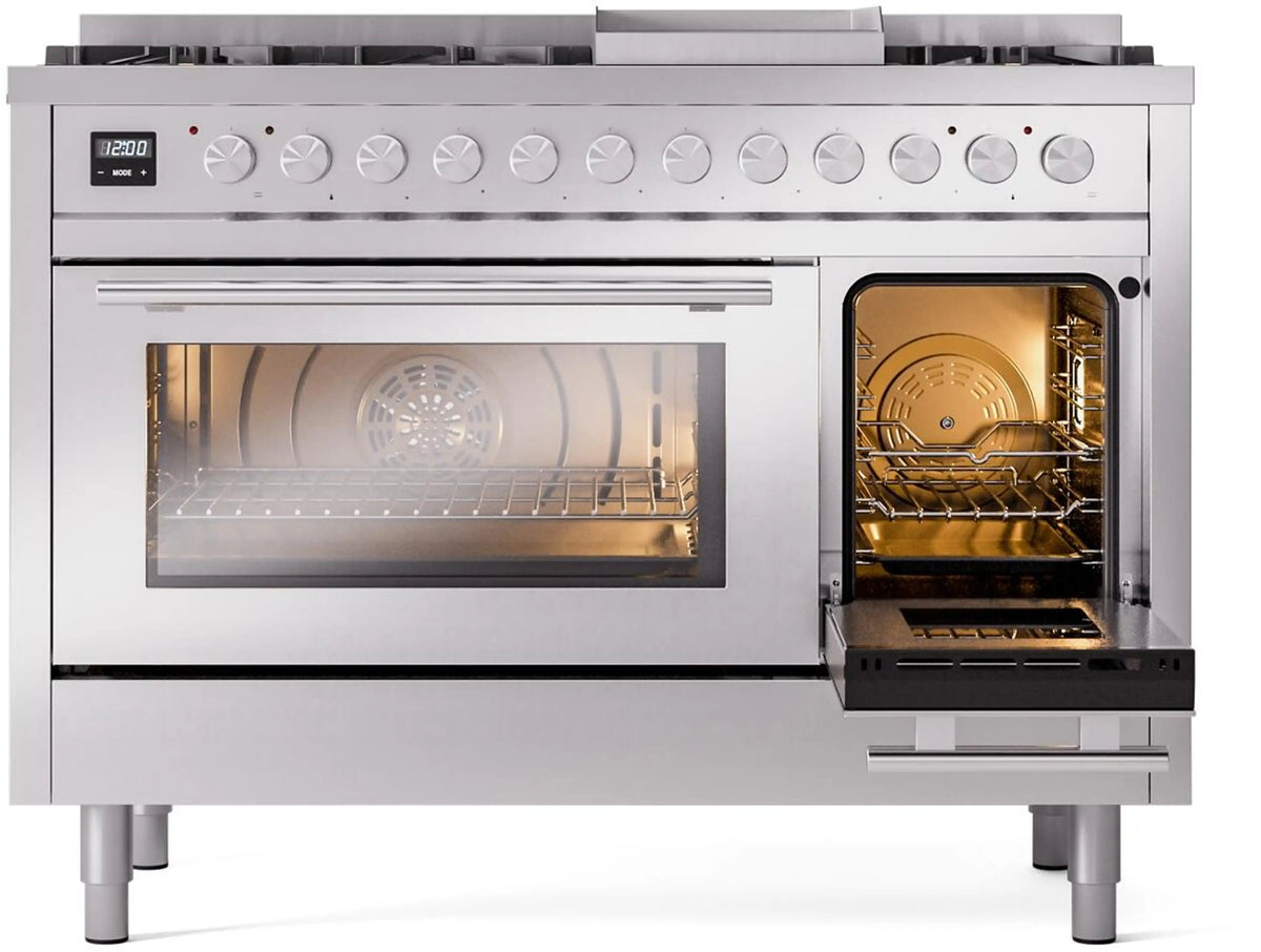 Stainless steel dual-fuel gas range with open ovens and control panel