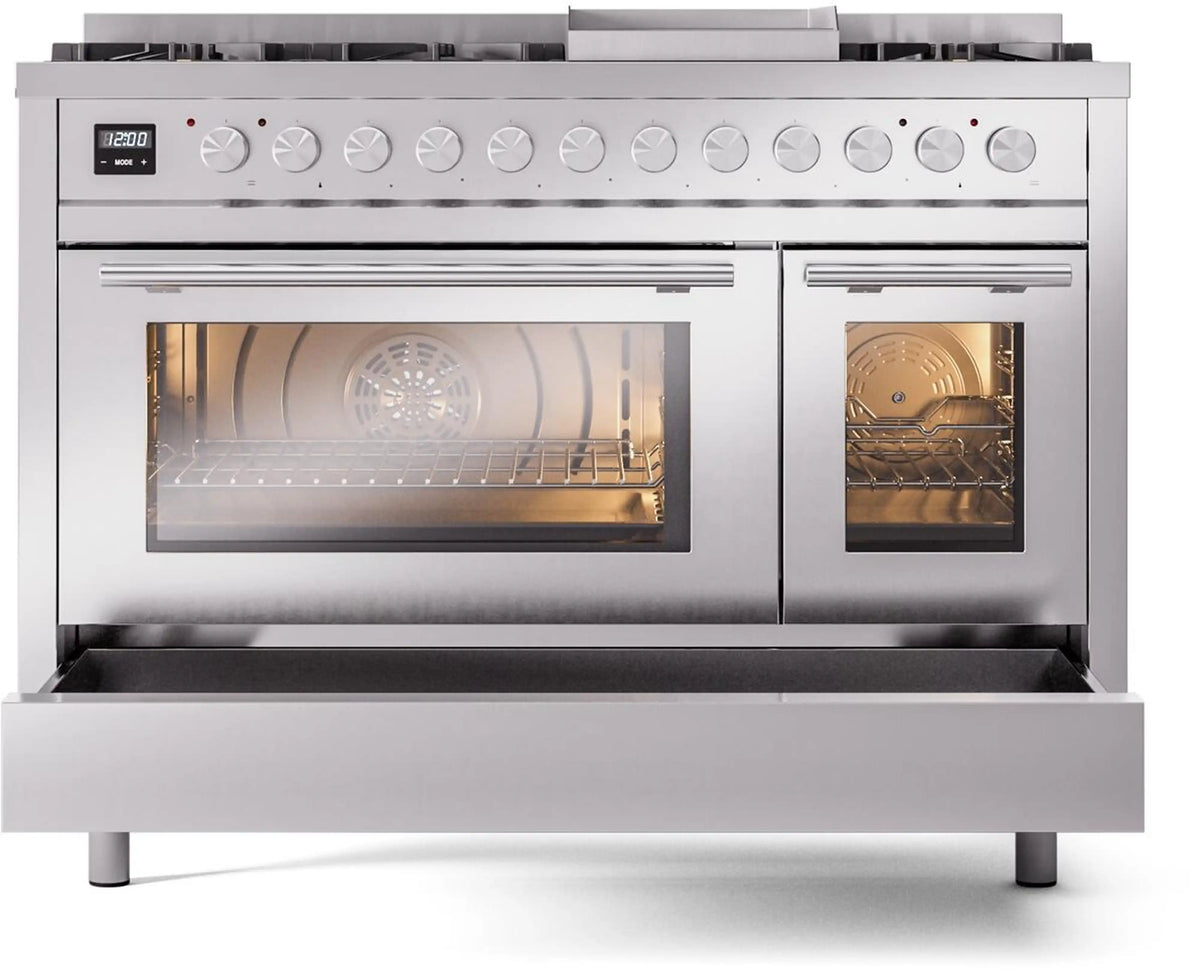 Stainless steel freestanding range with two oven doors and glass windows