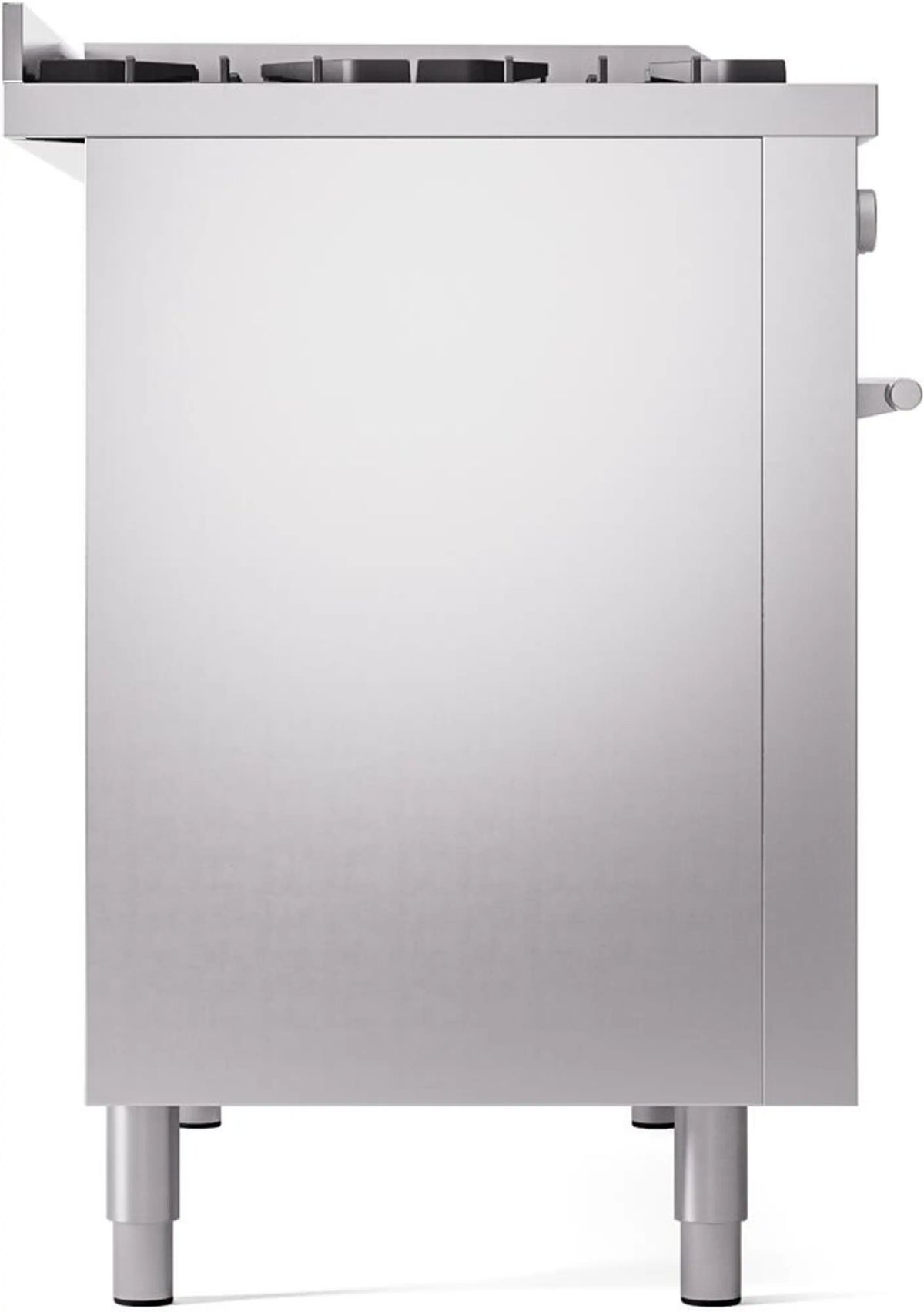 Freestanding stainless steel range with side legs and control-side panel